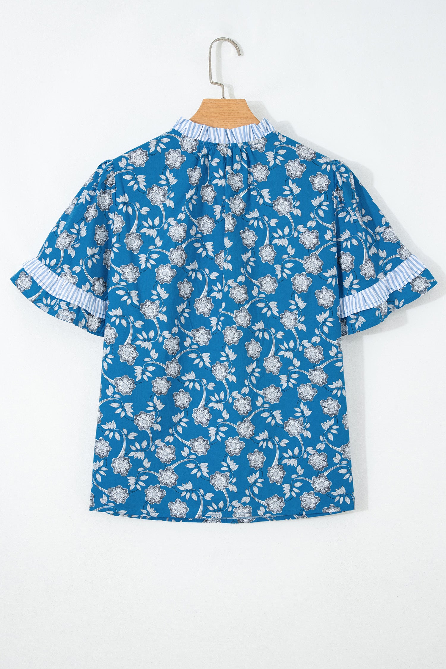 Blue Floral Print Button Tie Neck Striped Detail Short Sleeve Blouse-Tops/Blouses & Shirts-[Adult]-[Female]-2022 Online Blue Zone Planet