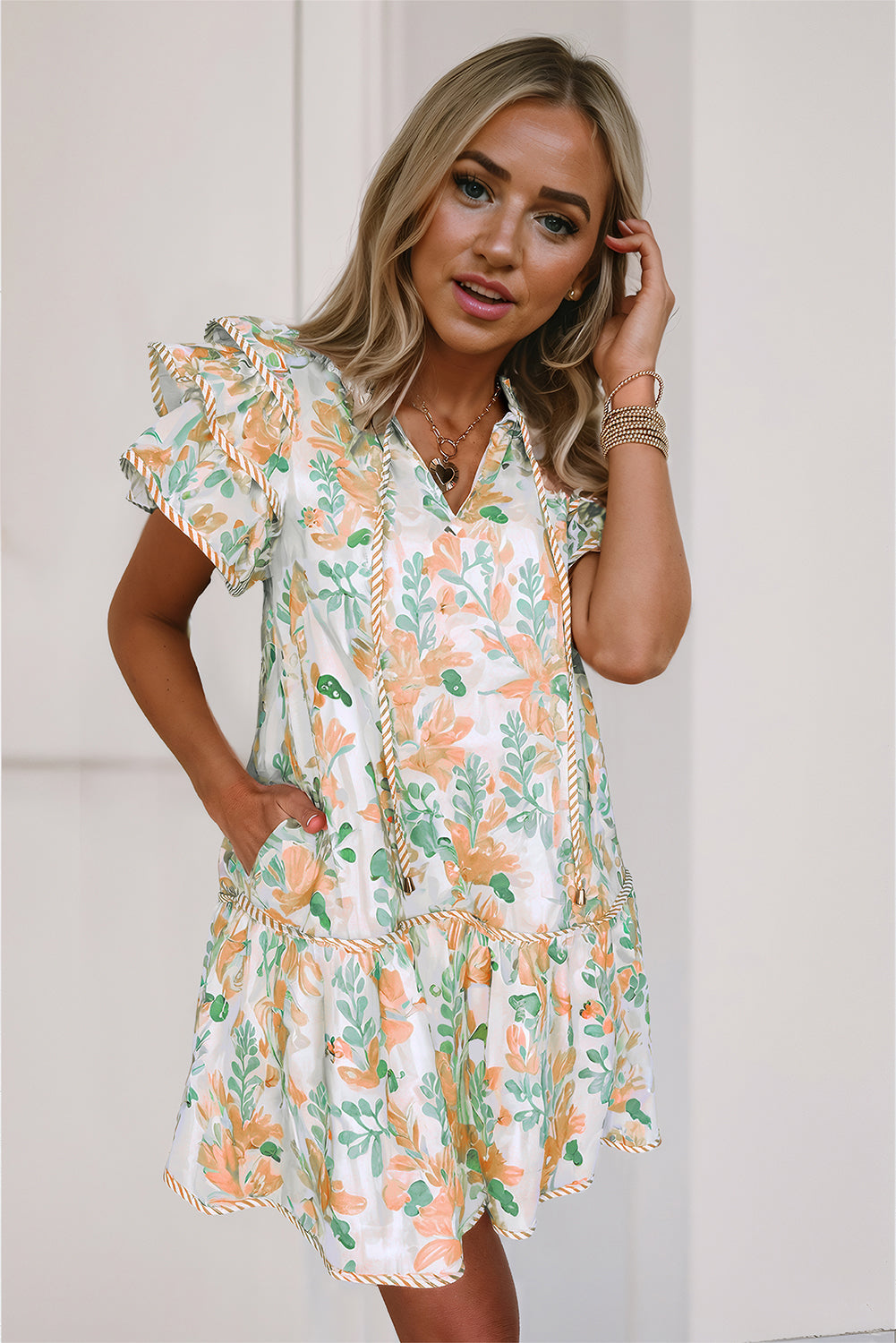 Orange Floral Contrast Edge Layered Short Sleeve Mini Dress-TOPS / DRESSES-[Adult]-[Female]-2022 Online Blue Zone Planet