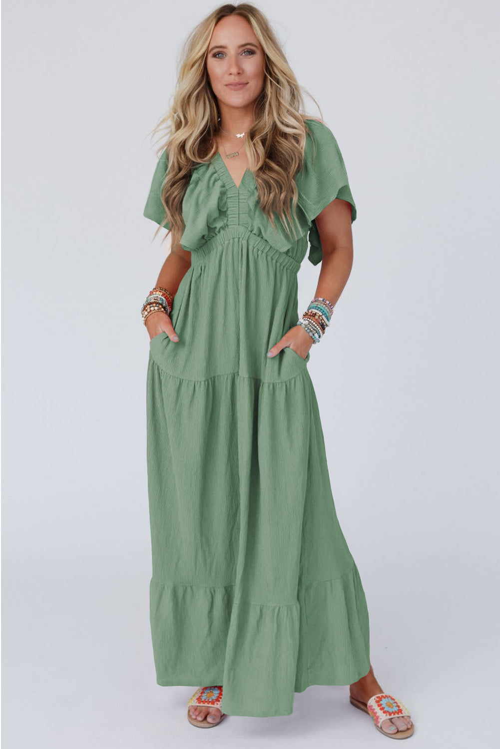 Grass Green Textured V Neck Flutter Sleeve Ruffled Maxi Dress-Dresses/Maxi Dresses-[Adult]-[Female]-2022 Online Blue Zone Planet