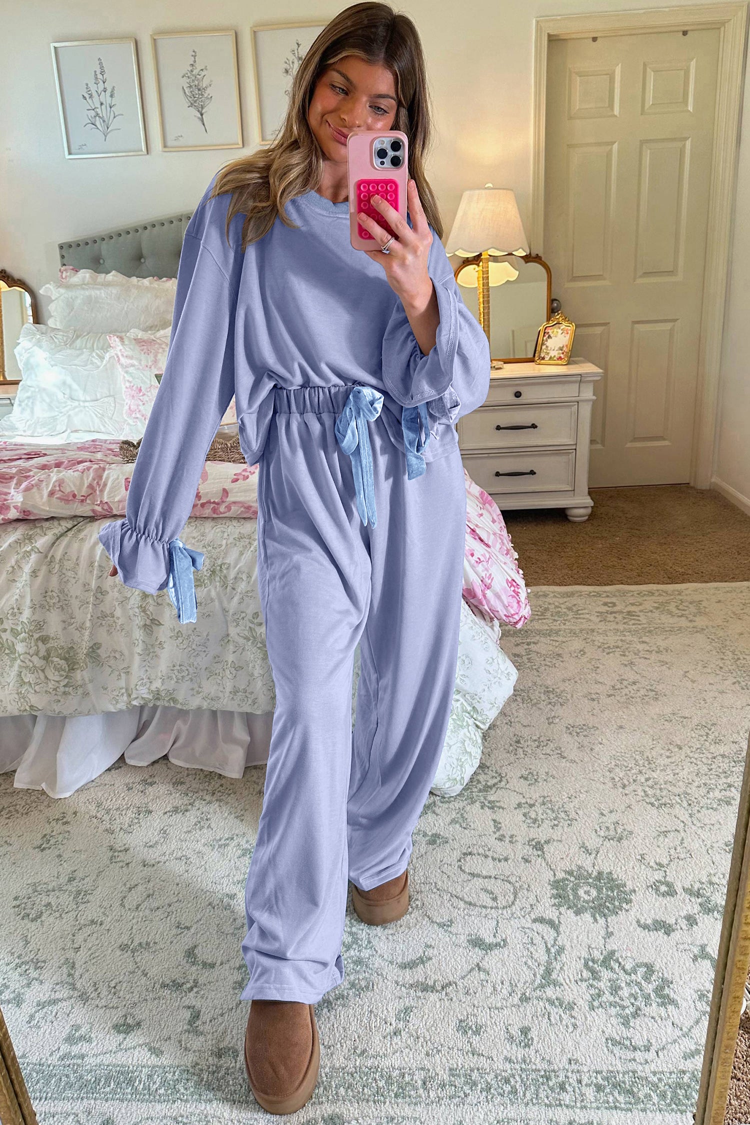 Beau Blue Flounce Long Sleeve Top Drawstring Pants Contrast Velvet Bow Knot 2pcs Lounge Set-Loungewear & Sleepwear/Loungewear-[Adult]-[Female]-2022 Online Blue Zone Planet