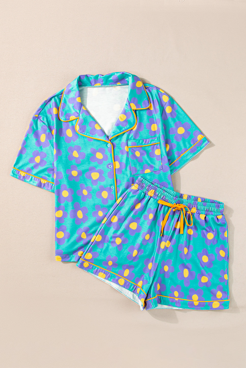 Green Flower Print Short Sleeve Shirt Pajamas Set-Loungewear & Sleepwear/Sleepwear-[Adult]-[Female]-2022 Online Blue Zone Planet