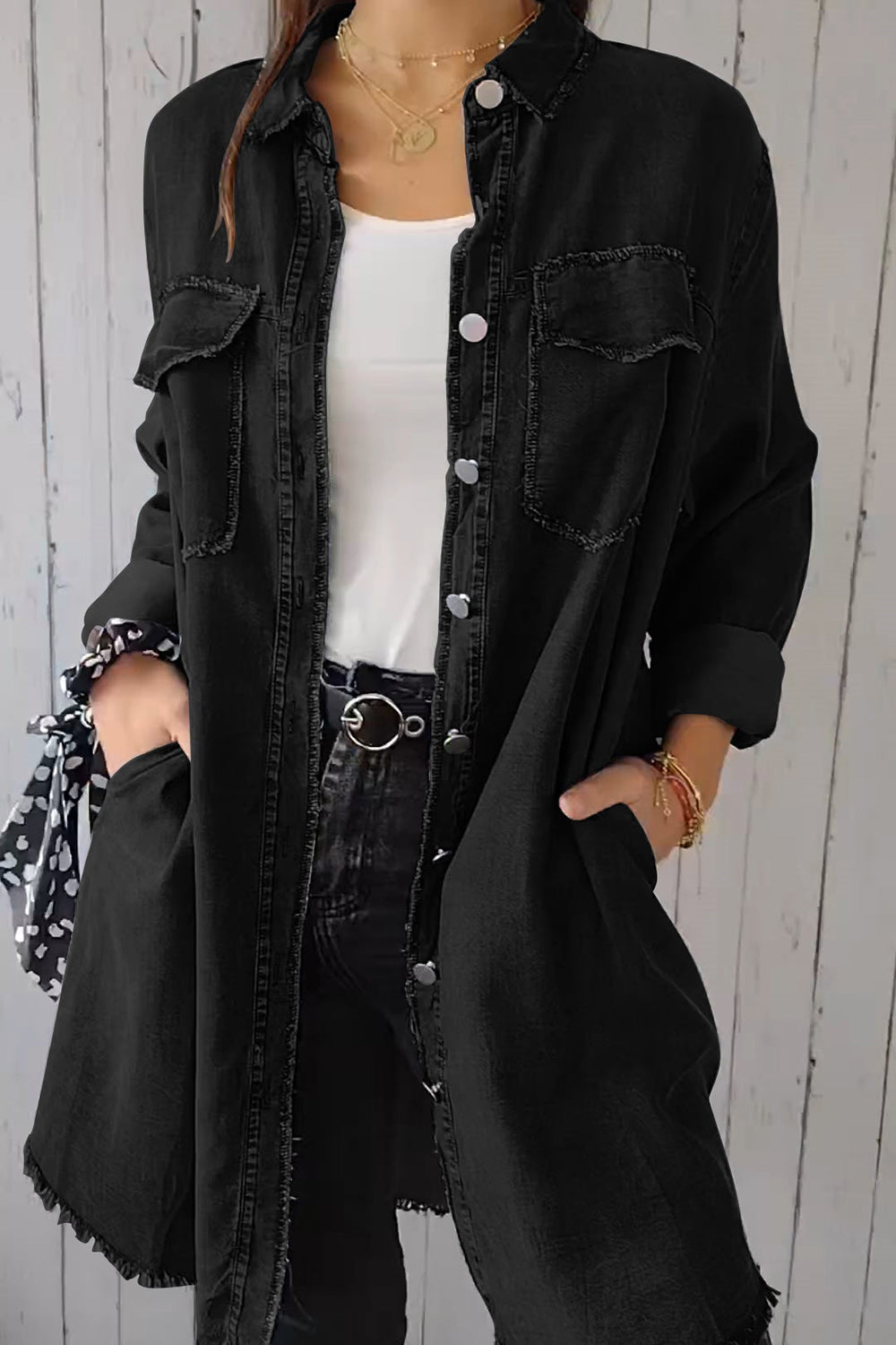 Full Size Pocketed Button Up Long Sleeve Denim Jacket-TOPS / DRESSES-[Adult]-[Female]-Black-S-2022 Online Blue Zone Planet