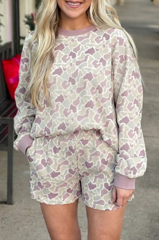 Green Camouflage Waffle Knit Long Sleeve Top Casual Shorts Set-Two Piece Sets/Short Sets-[Adult]-[Female]-2022 Online Blue Zone Planet