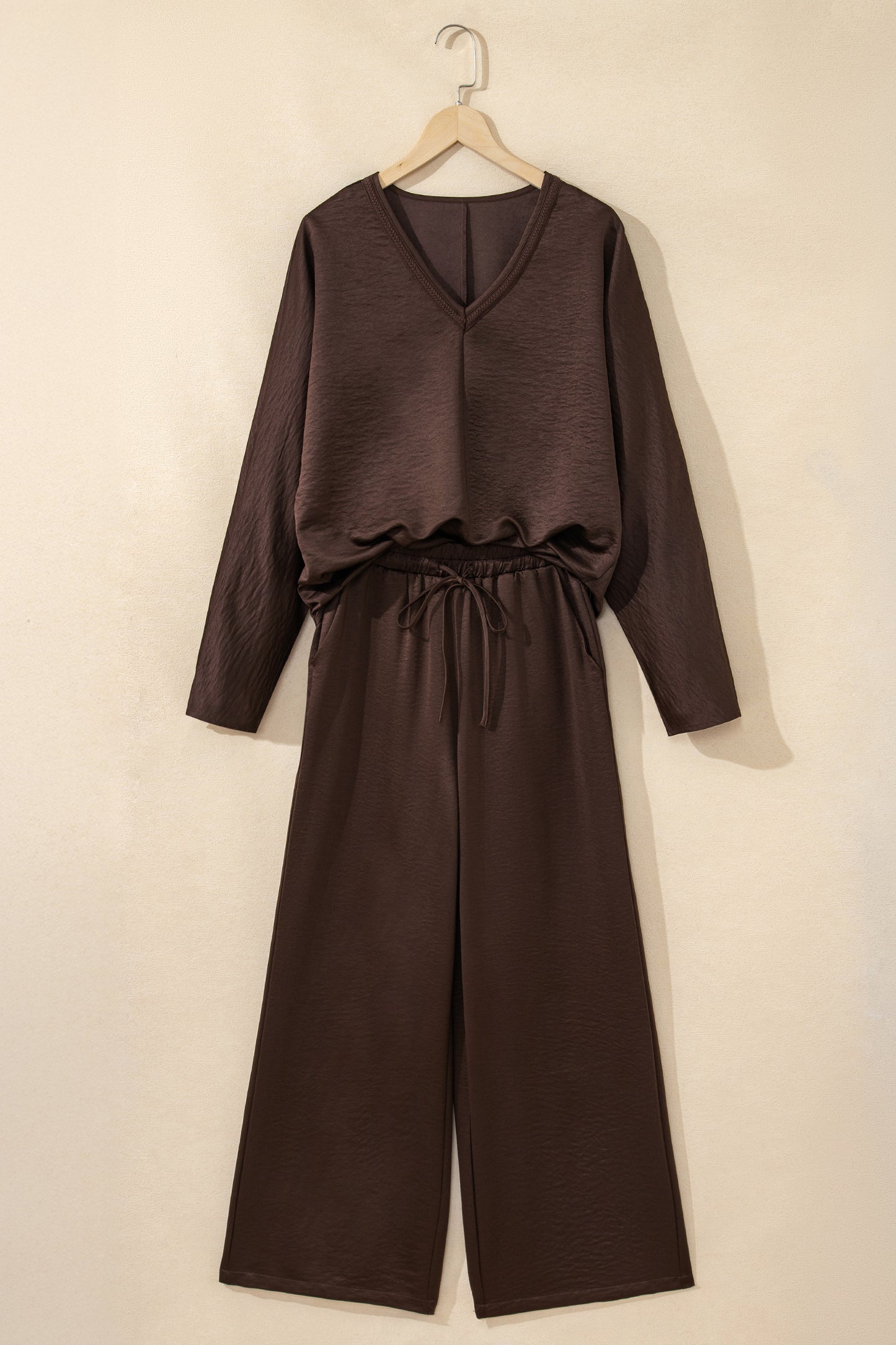 Dark Brown Braided V Neck Long Sleeve Loose Top and Drawstring High Waist Pants 2pcs Outfit-Two Piece Sets/Pant Sets-[Adult]-[Female]-2022 Online Blue Zone Planet