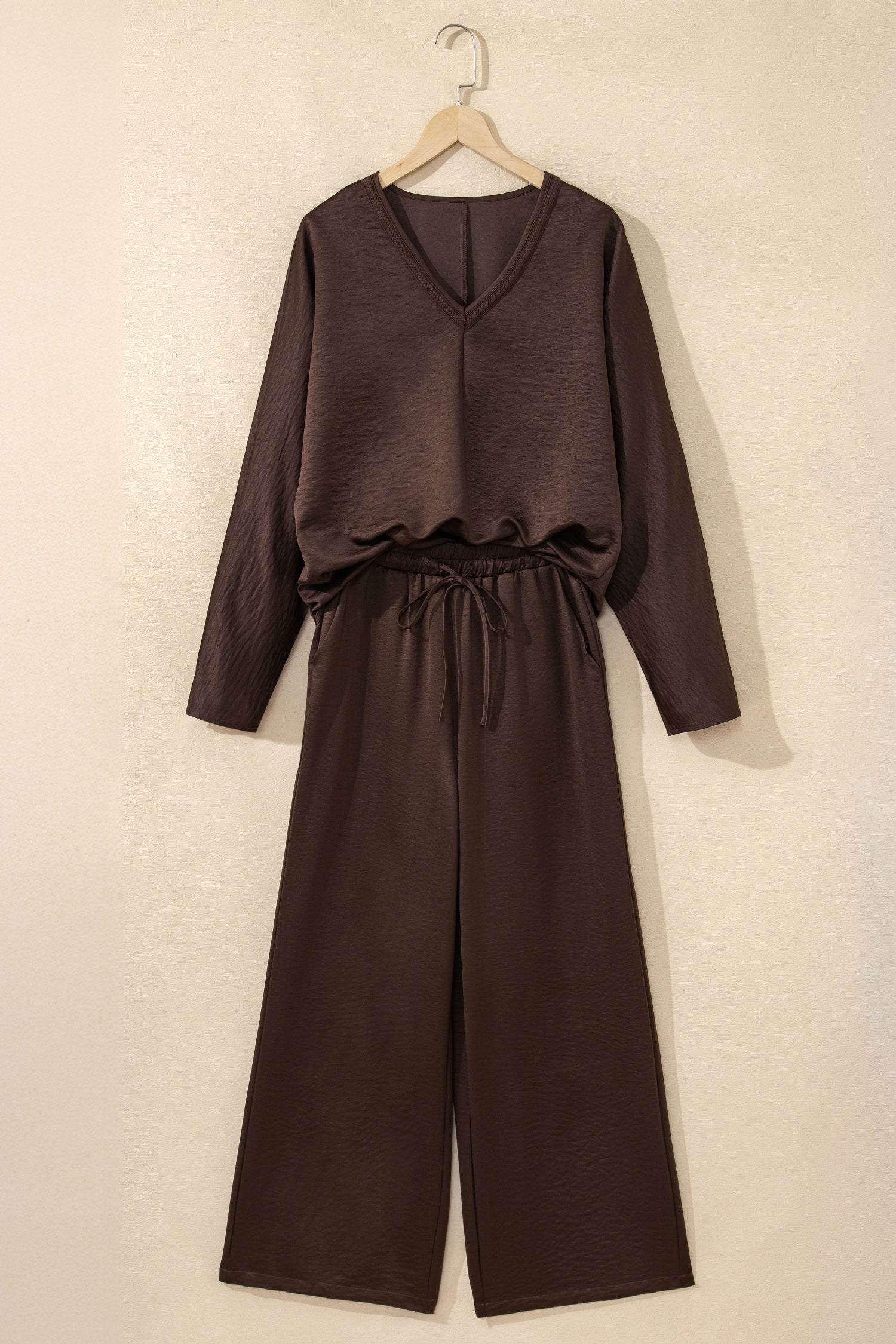 Dark Brown Braided V Neck Long Sleeve Loose Top and Drawstring High Waist Pants 2pcs Outfit-Two Piece Sets/Pant Sets-[Adult]-[Female]-2022 Online Blue Zone Planet