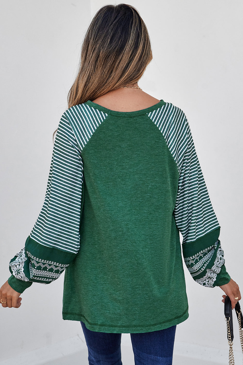 Navy Blue Contrast Print Striped Raglan Long Sleeve Loose Top-Tops/Long Sleeve Tops-[Adult]-[Female]-2022 Online Blue Zone Planet