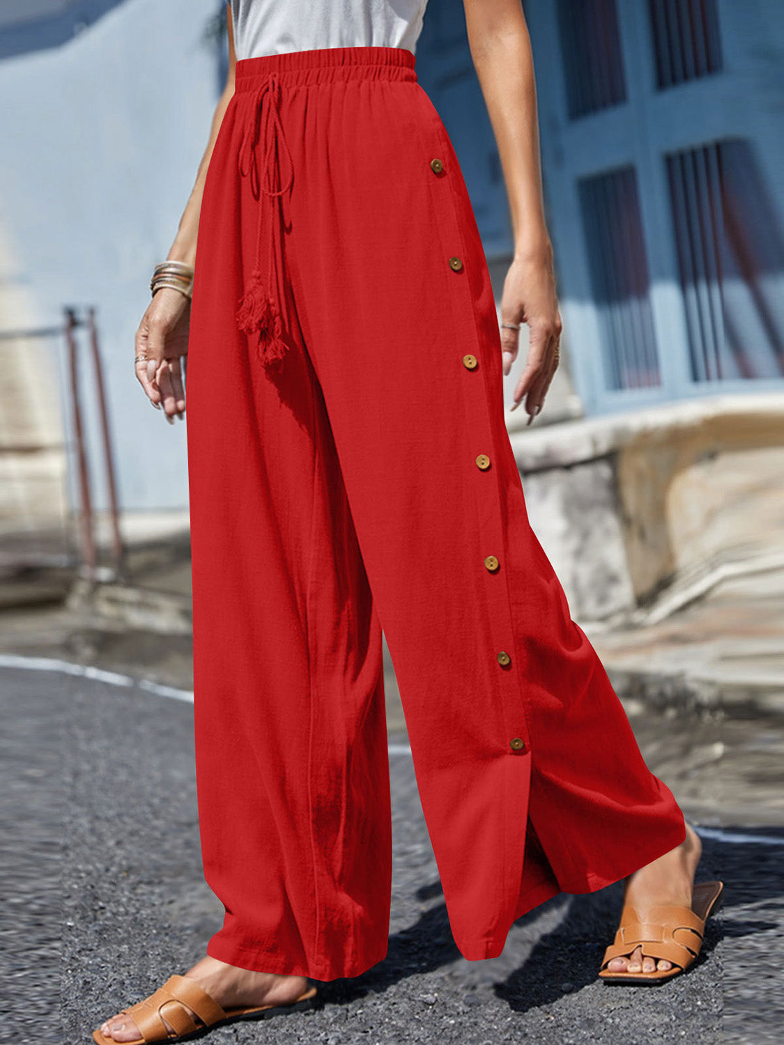 Blue Zone Planet | Full Size Tassel Wide Leg Pants-BOTTOMS SIZES SMALL MEDIUM LARGE-[Adult]-[Female]-Red-S-2022 Online Blue Zone Planet