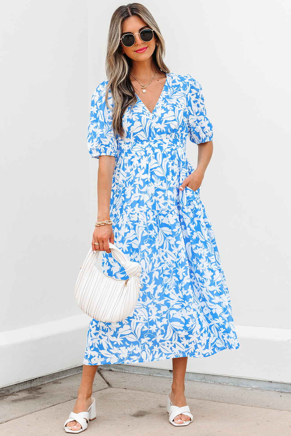 Sky Blue Floral V Neck Puff Short Sleeve Flowy Long Dress-TOPS / DRESSES-[Adult]-[Female]-2022 Online Blue Zone Planet