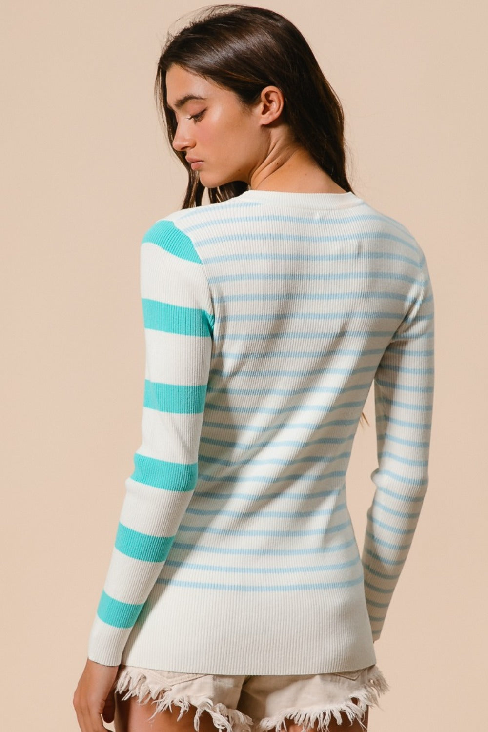 BiBi Contrast Striped Asymmetrical Hem Knit Top-TOPS / DRESSES-[Adult]-[Female]-2022 Online Blue Zone Planet