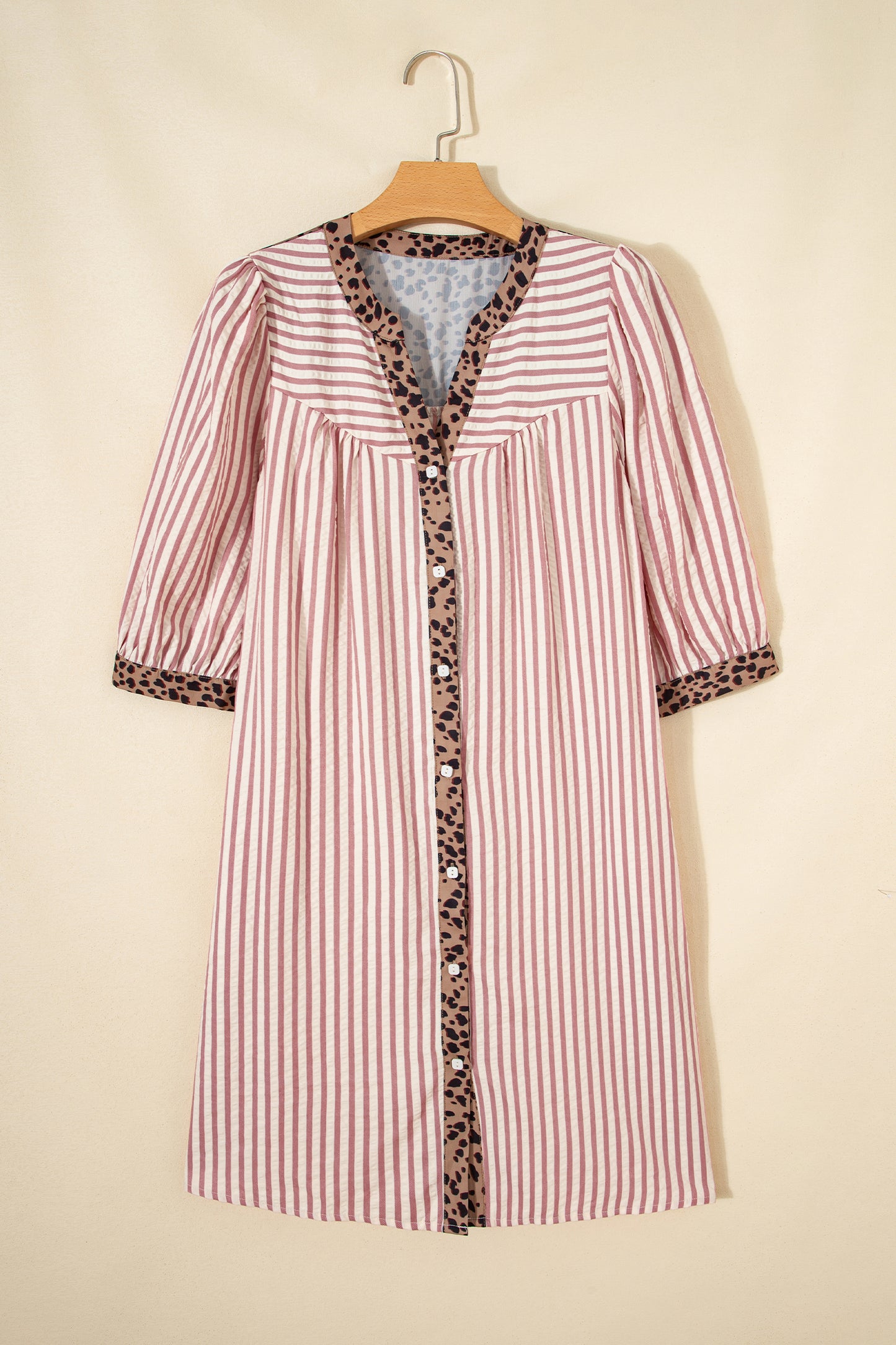 Pink Stripe Square Button Leopard Trim Loose Bracelet Sleeve Shirt Dress-Bracelet-[Adult]-[Female]-2022 Online Blue Zone Planet