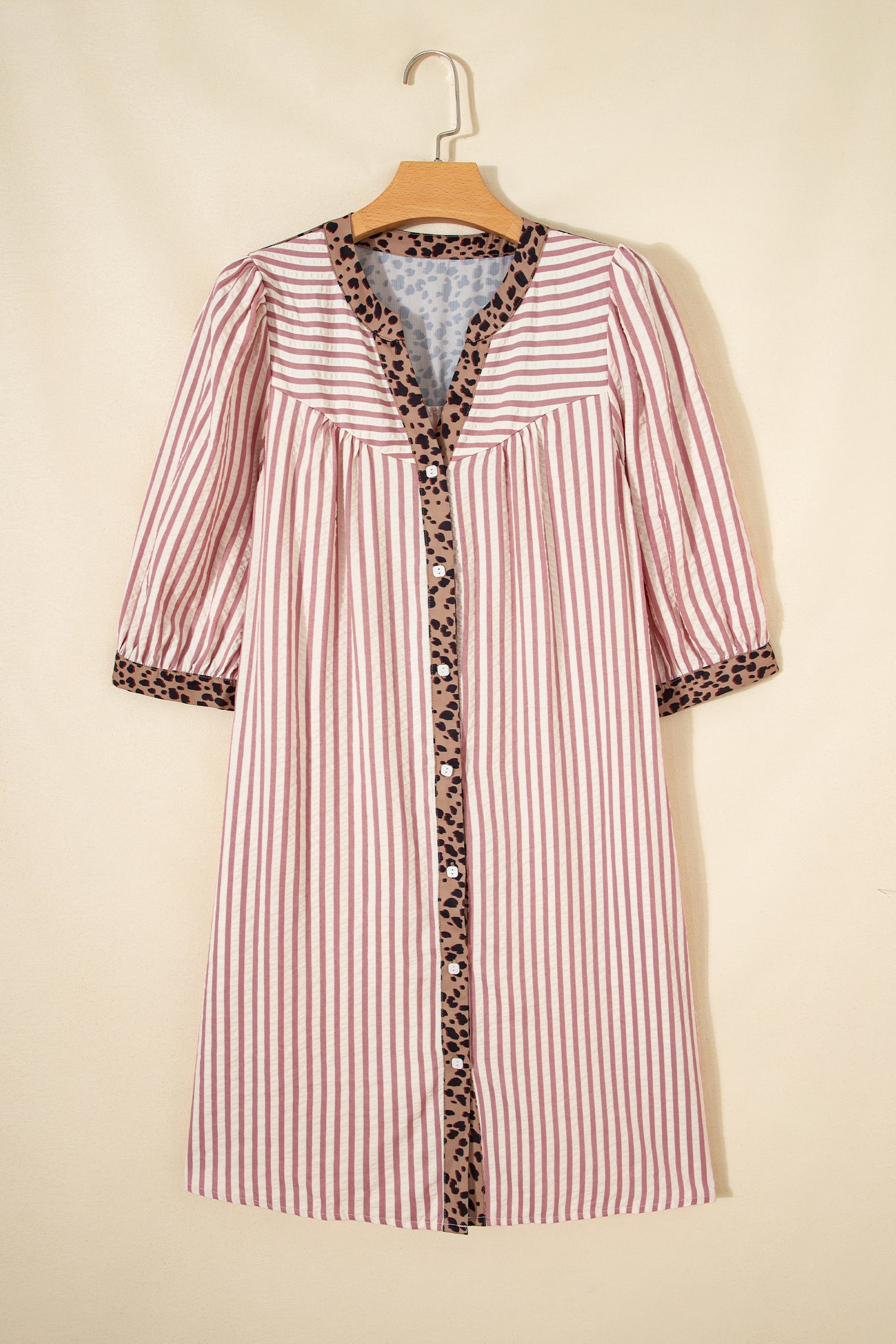 Pink Stripe Square Button Leopard Trim Loose Bracelet Sleeve Shirt Dress-Bracelet-[Adult]-[Female]-2022 Online Blue Zone Planet