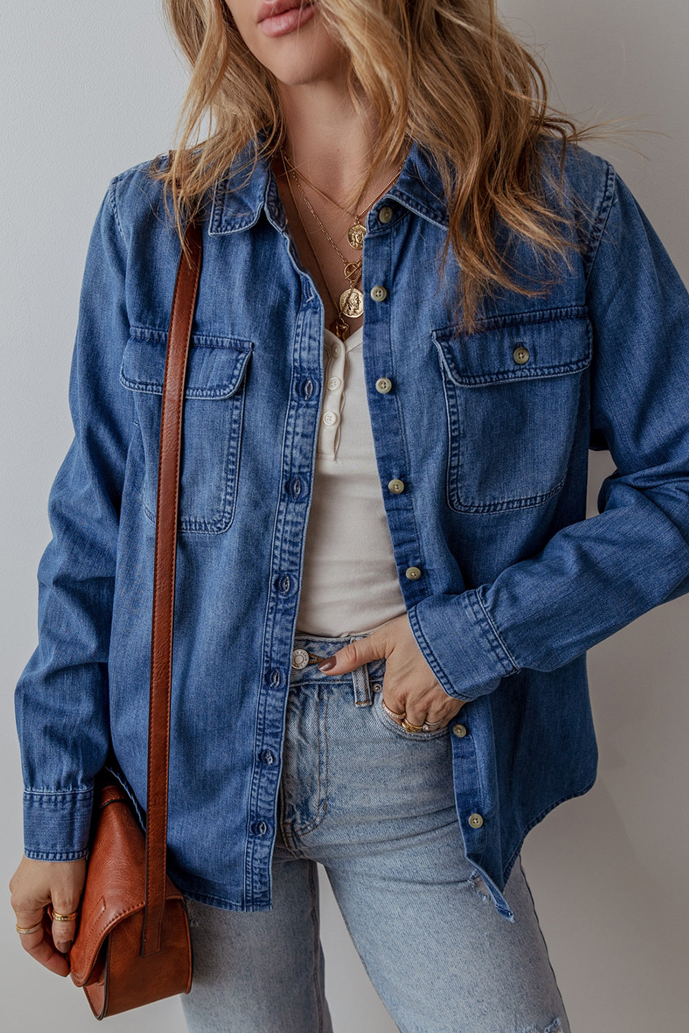 Blue Zone Planet | Sky Blue Flap Pocket Button Up Denim Shacket-Outerwear/Denim jackets-[Adult]-[Female]-2022 Online Blue Zone Planet