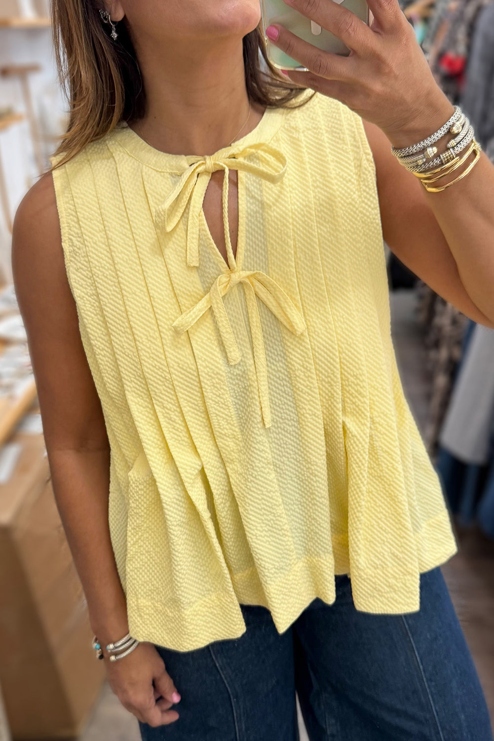 Yellow Cream Bow Tie Notched Neck Pleated Tank Top-Tops/Tank Tops-[Adult]-[Female]-2022 Online Blue Zone Planet