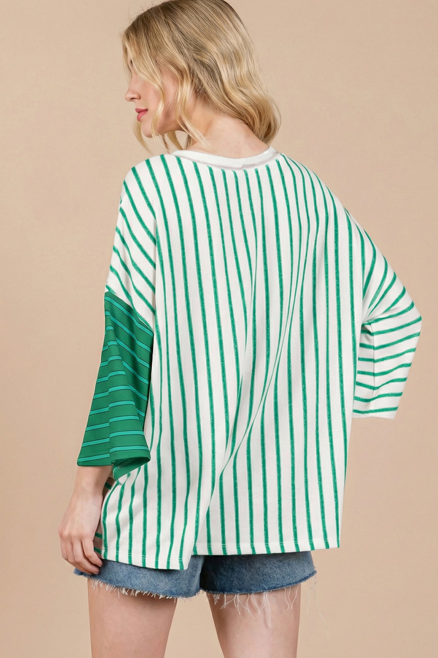 Green Stripe Colorblock 3/4 Sleeve Loose T Shirt-Tops/Tops & Tees-[Adult]-[Female]-2022 Online Blue Zone Planet