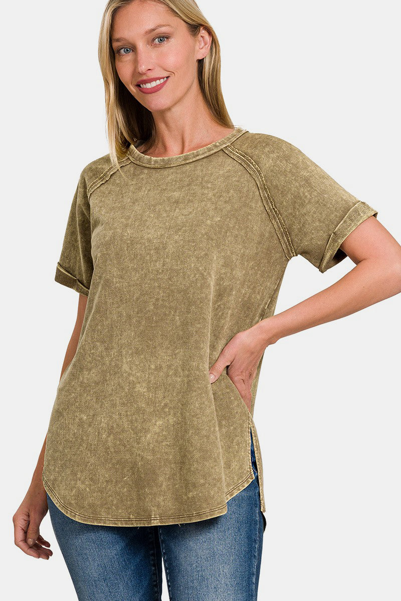 Zenana Heathered Round Neck Short Sleeve Top-TOPS / DRESSES-[Adult]-[Female]-Mocha-S-2022 Online Blue Zone Planet