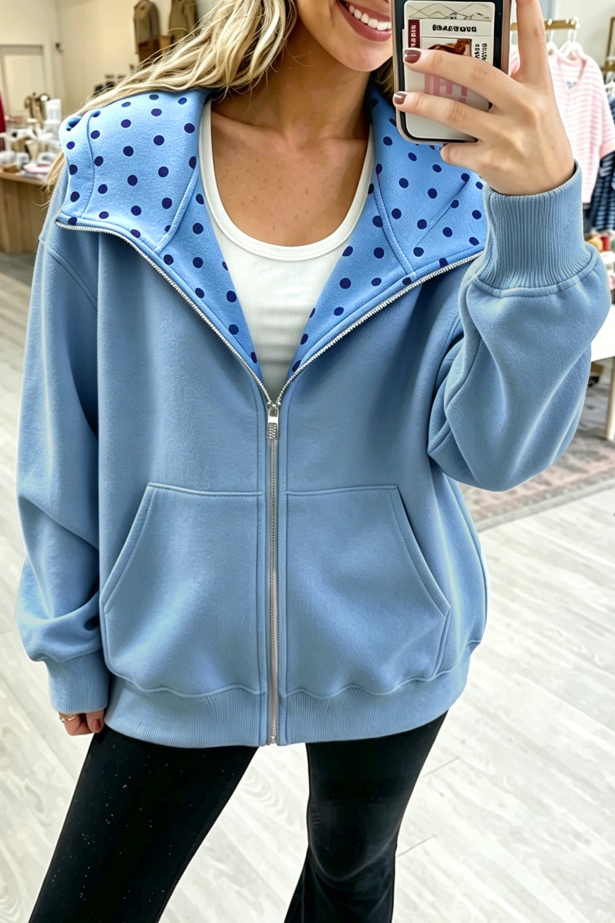 Parchment Polka Dot Hooded Zip-Up Sweatshirt