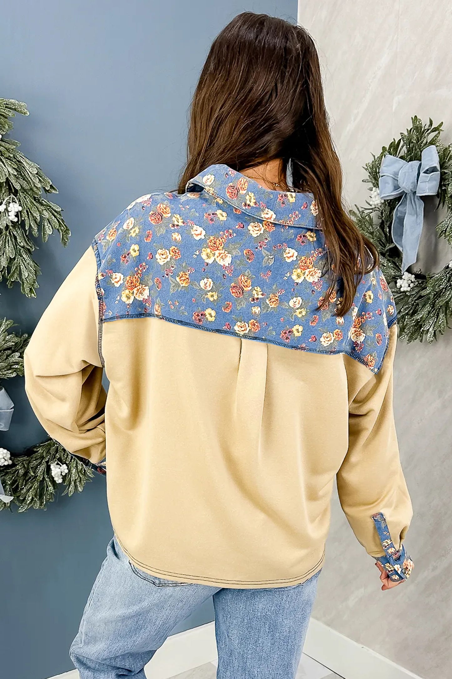 Apricot Floral Denim Patchwork Collar V Neck Long Sleeve Pullover Top-Tops/Long Sleeve Tops-[Adult]-[Female]-2022 Online Blue Zone Planet