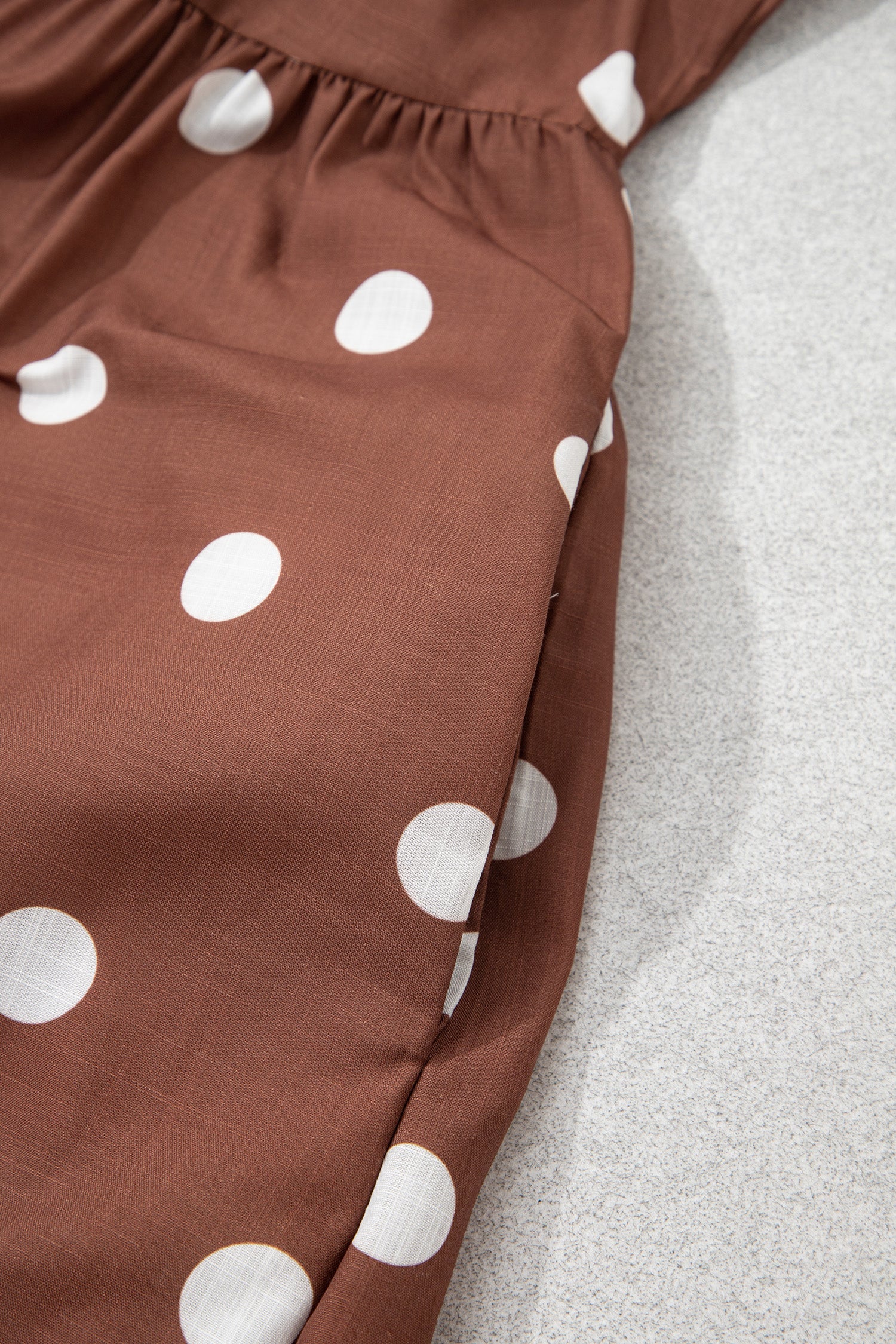 Brown Polka Dot V Neck Abdomen Pocket Gathered Cuffs Long Sleeve Shift Plus Size Dress-TOPS / DRESSES-[Adult]-[Female]-2022 Online Blue Zone Planet
