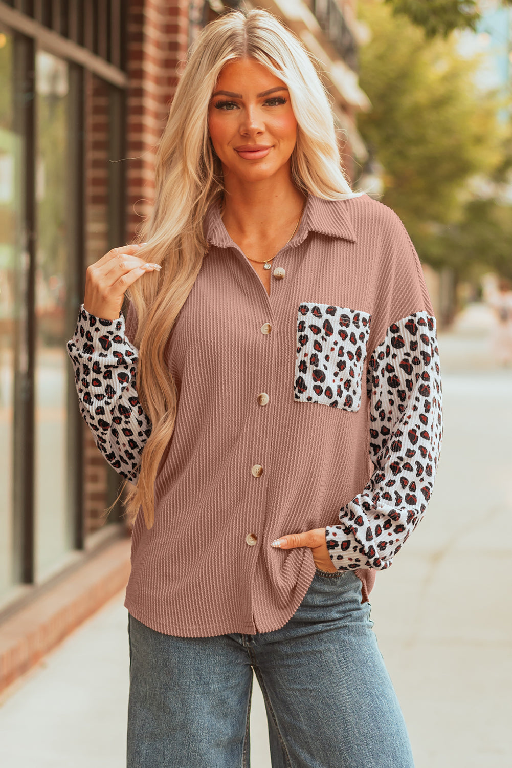 Dark Khaki Leopard Patched Twisted Ribbed Western Casual Shacket-Outerwear/Jackets-[Adult]-[Female]-2022 Online Blue Zone Planet