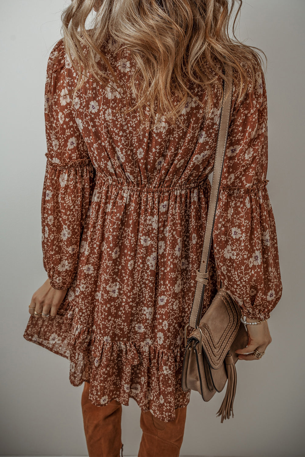 Blue Zone Planet | Brown Boho Floral Ruffled Puff Sleeve V Neck Mini Dress-TOPS / DRESSES-[Adult]-[Female]-2022 Online Blue Zone Planet