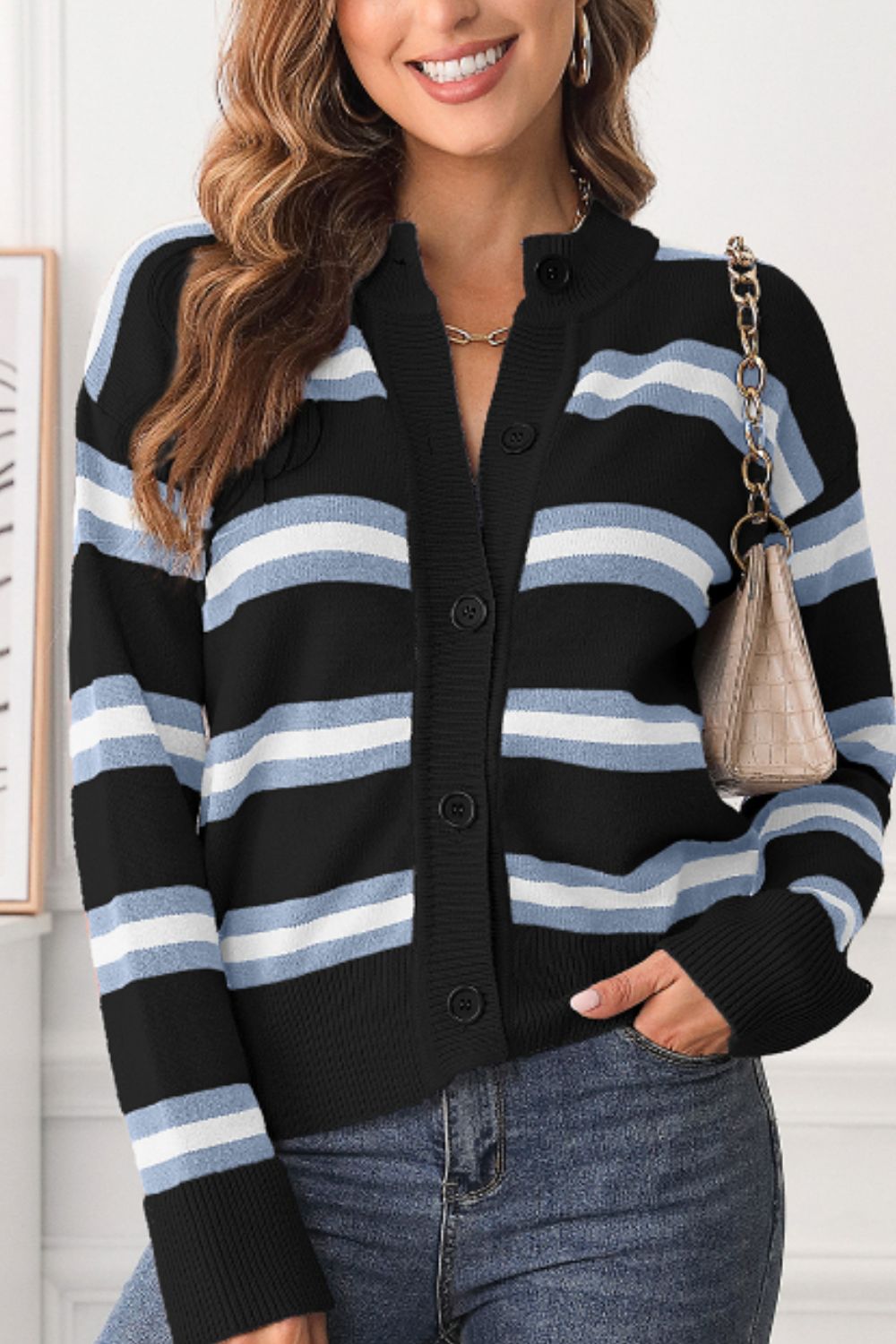 Striped Button Down Long Sleeve Cardigan-TOPS / DRESSES-[Adult]-[Female]-2022 Online Blue Zone Planet