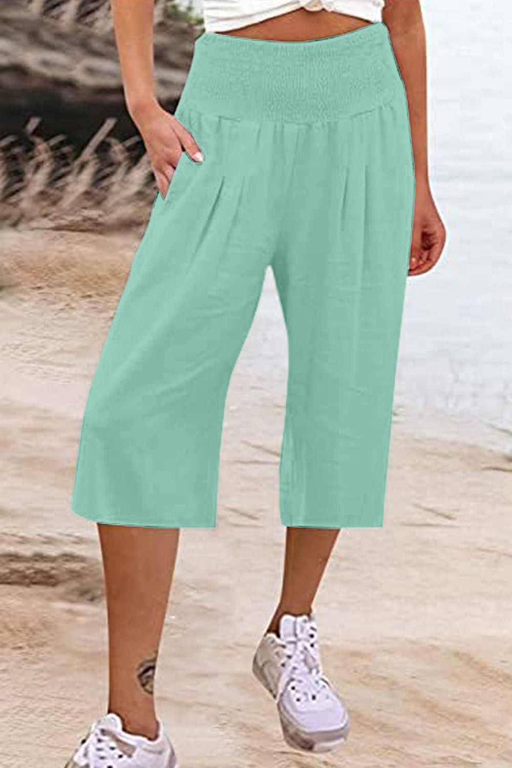 Pocketed High Waist Pants-BOTTOMS SIZES SMALL MEDIUM LARGE-[Adult]-[Female]-Aqua-S-2022 Online Blue Zone Planet