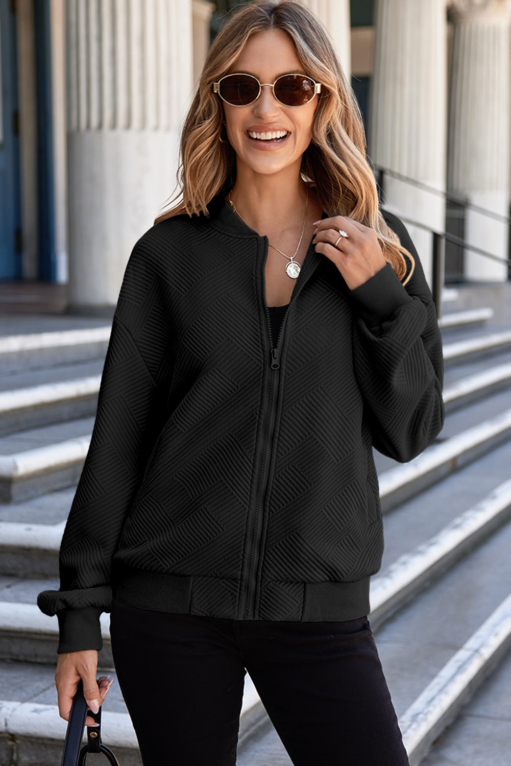 Blue Zone Planet | Black Solid Textured Stand Neck Zipper Bomber Jacket-Outerwear/Jackets-[Adult]-[Female]-2022 Online Blue Zone Planet