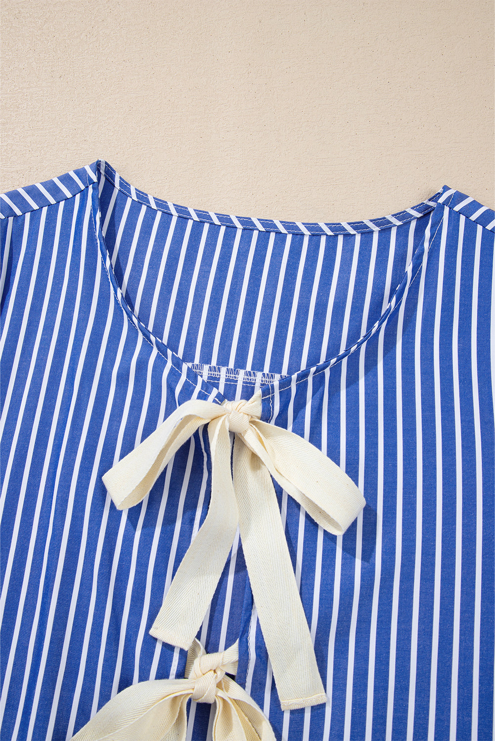 Blue Stripe Bow Tie Front Puff Short Sleeve Blouse-Blouses-[Adult]-[Female]-2022 Online Blue Zone Planet