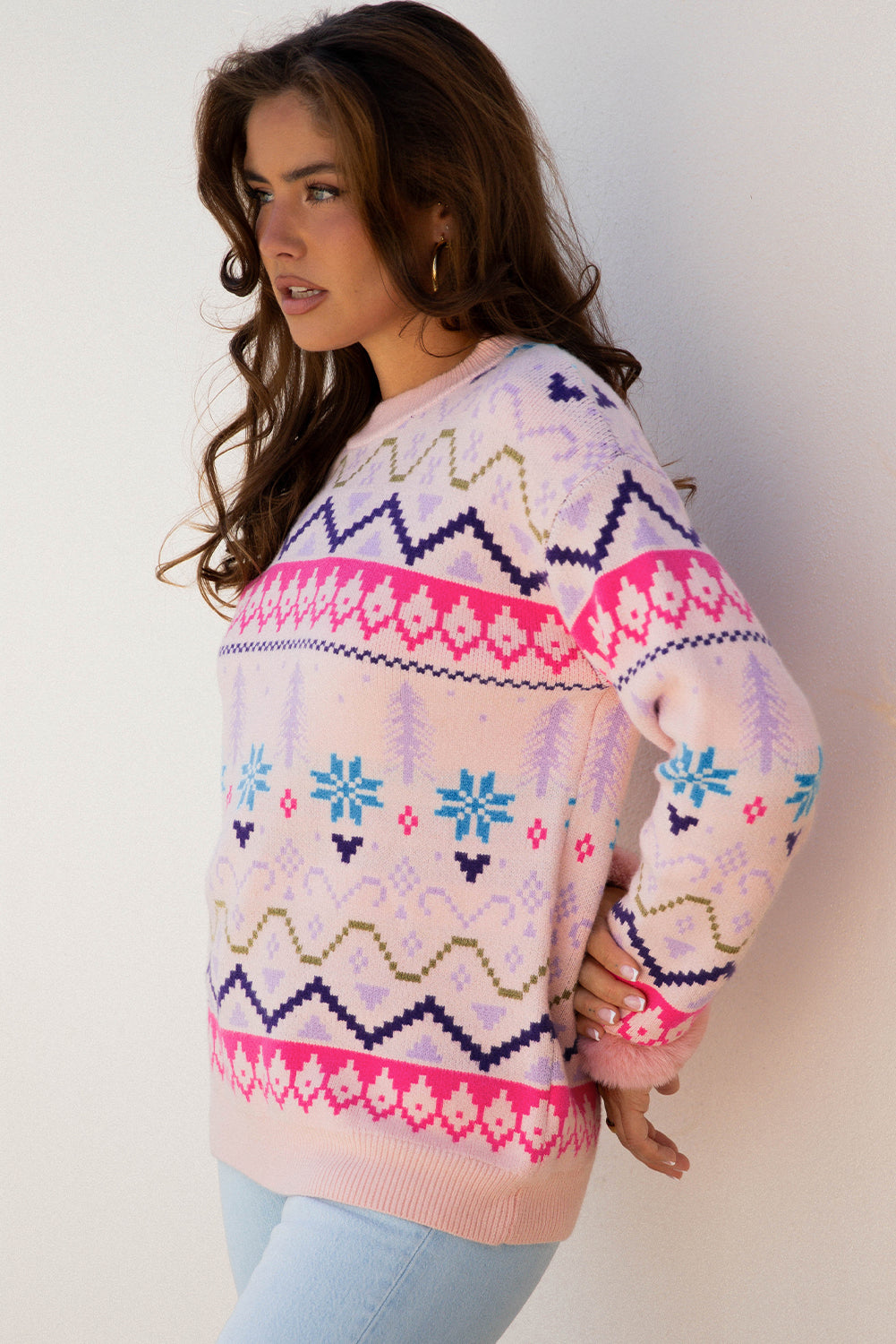 Multicolour Ethnic Christmas Pattern Knit Feather Cuffed Sweater-TOPS / DRESSES-[Adult]-[Female]-2022 Online Blue Zone Planet