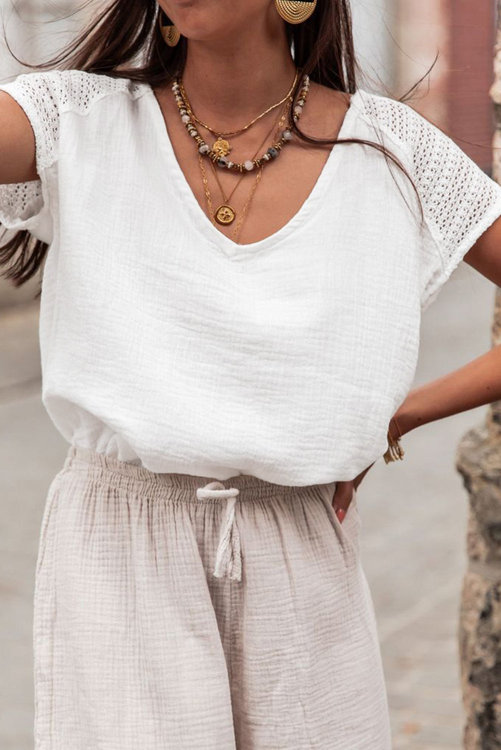 White Lace Crochet Textured Button Back V Neck T Shirt-Tops/Tops & Tees-[Adult]-[Female]-2022 Online Blue Zone Planet