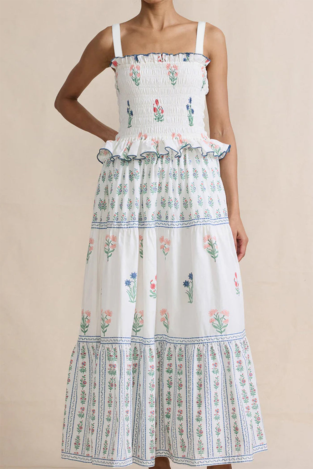 White Floral Print Frill Smocked Bodice Boho Dress-Maxi Dresses-[Adult]-[Female]-2022 Online Blue Zone Planet