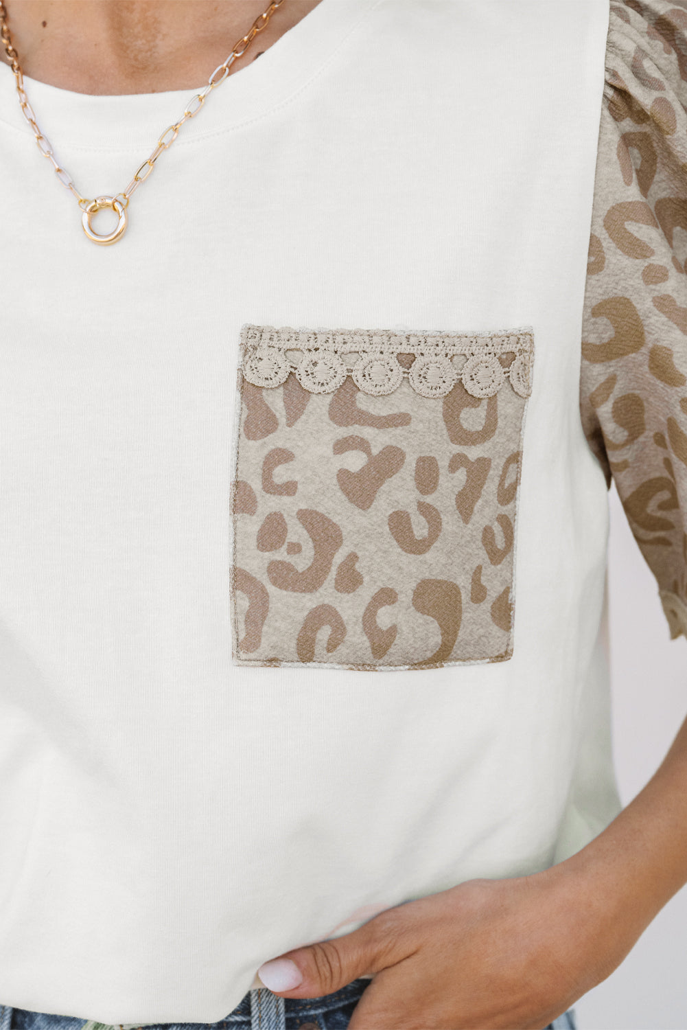 White Leopard Patchwork Crochet Lace Trim Puff Sleeve T Shirt-Tops/Tops & Tees-[Adult]-[Female]-2022 Online Blue Zone Planet