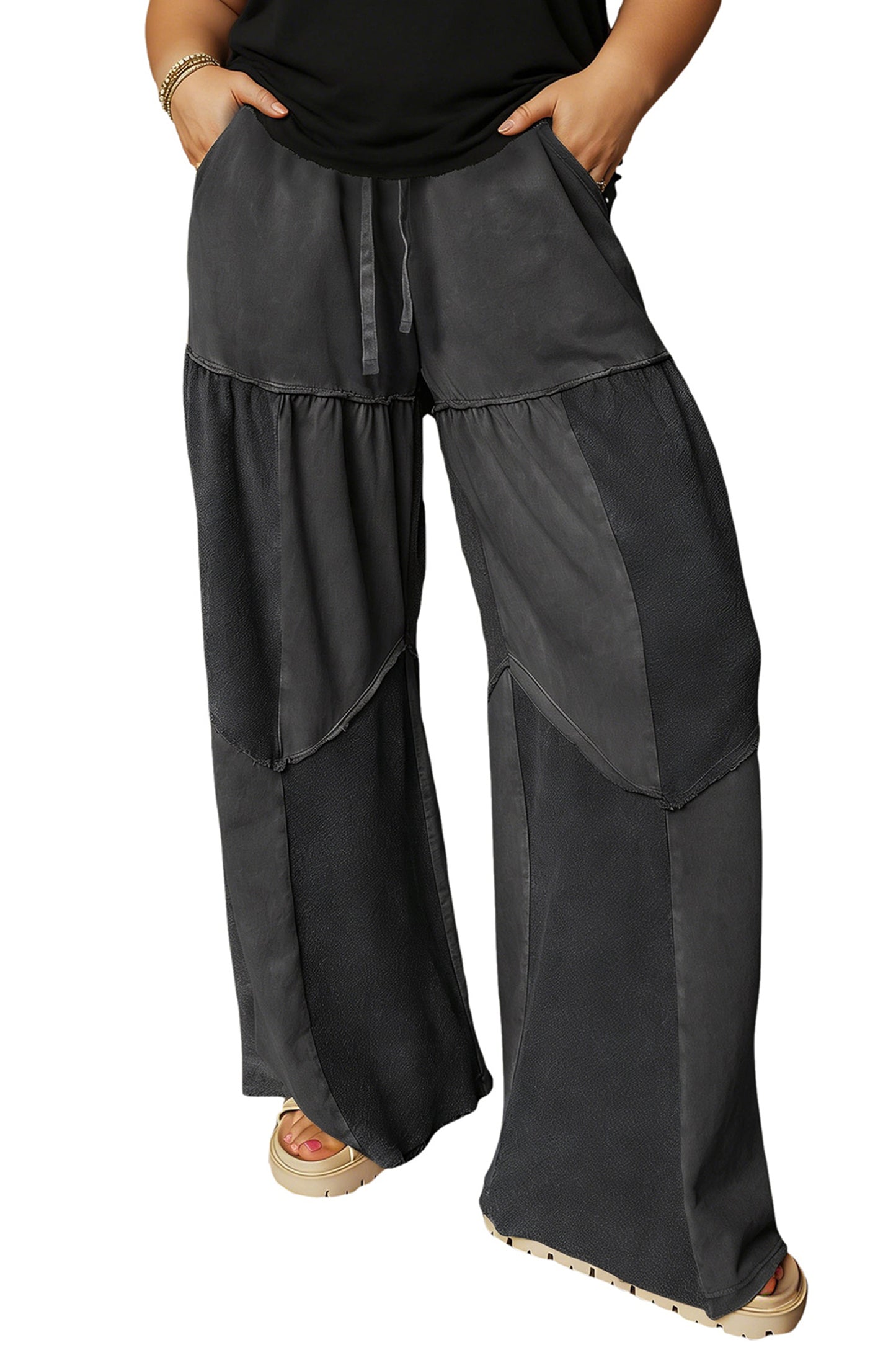 Black Plus Size Mineral Wash Exposed Seam Patchwork Drawstring Loose Pants-Plus Size/Plus Size Bottoms-[Adult]-[Female]-2022 Online Blue Zone Planet