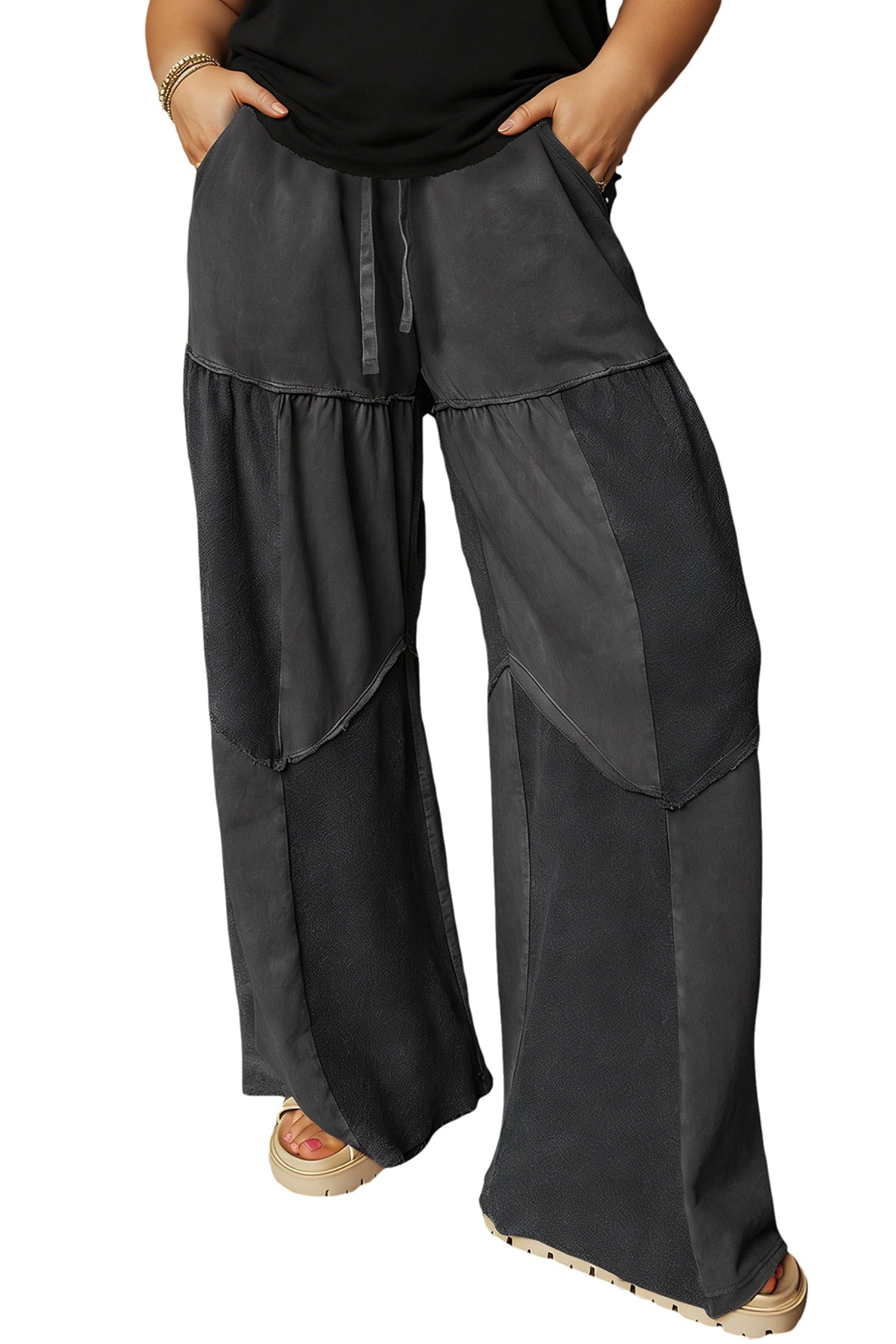 Black Plus Size Mineral Wash Exposed Seam Patchwork Drawstring Loose Pants-Plus Size/Plus Size Bottoms-[Adult]-[Female]-2022 Online Blue Zone Planet