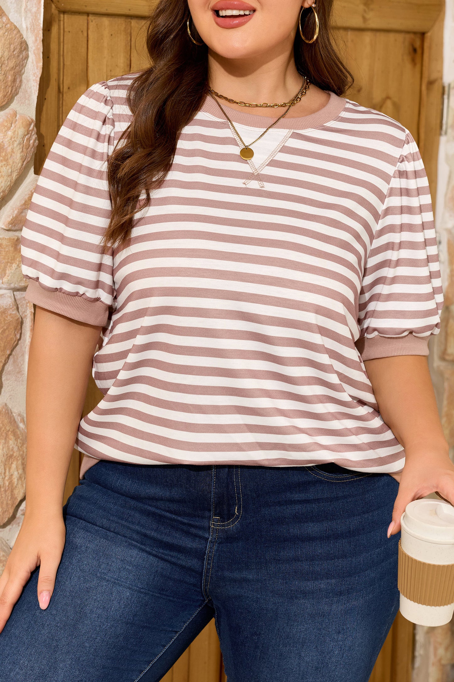 Orange Stripe Ribbed Trim Round Neck Short Puff Sleeve Plus T Shirt-Plus Size/Plus Size Tops-[Adult]-[Female]-2022 Online Blue Zone Planet