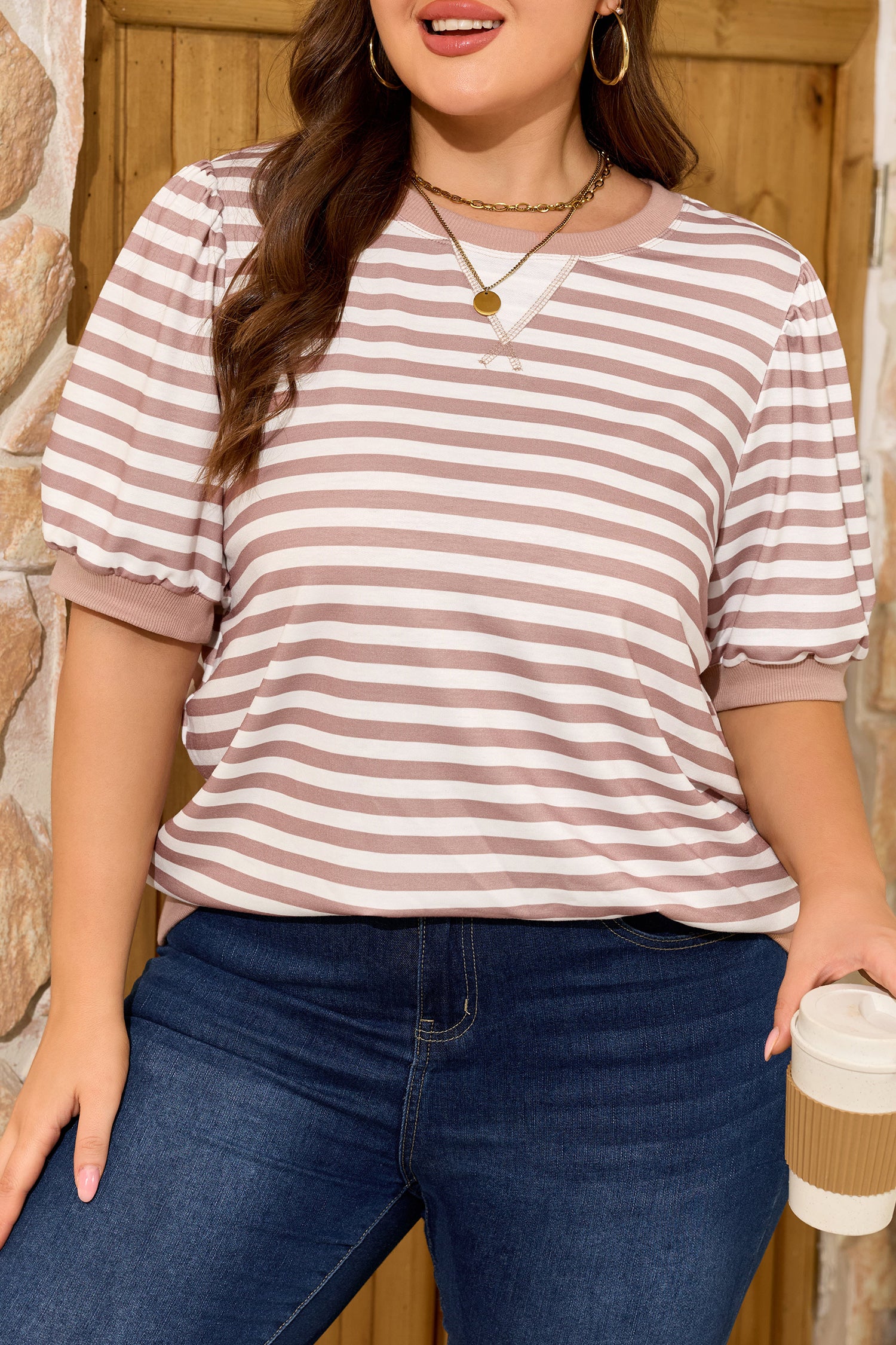 Orange Stripe Ribbed Trim Round Neck Short Puff Sleeve Plus T Shirt-Plus Size/Plus Size Tops-[Adult]-[Female]-2022 Online Blue Zone Planet