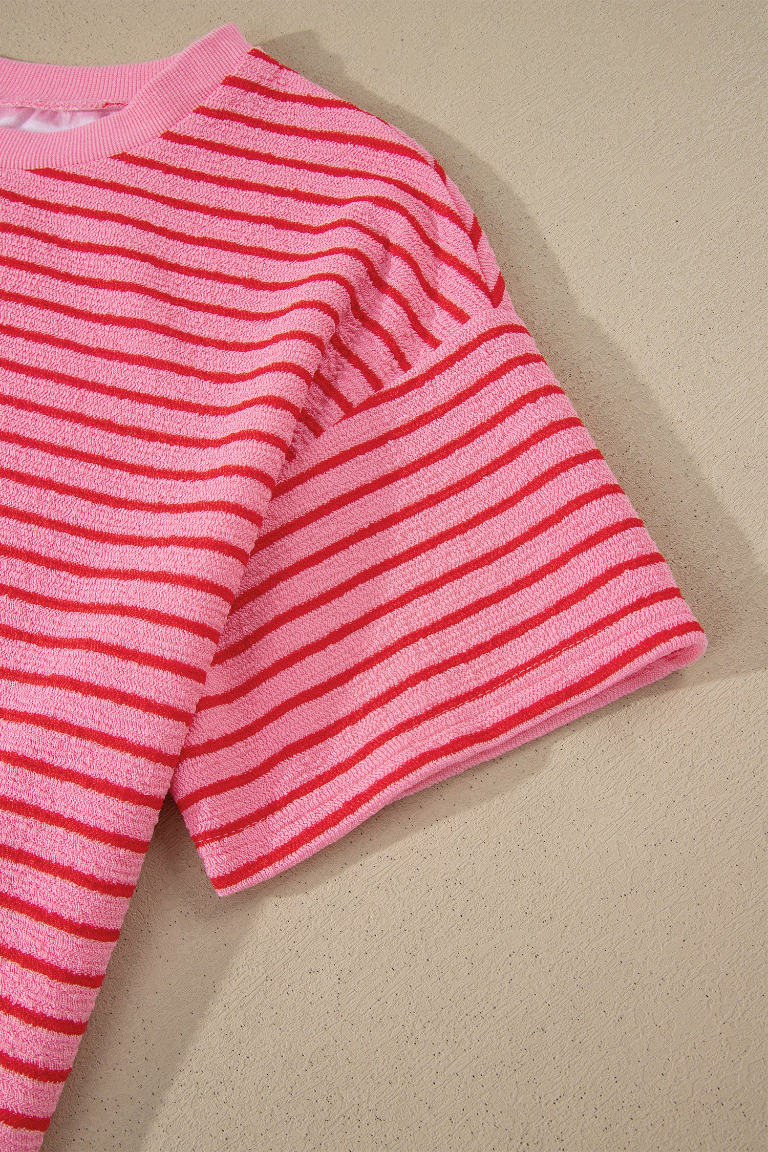 Rose Stripe Side Split Knit Tee Drawstring Shorts Set-Two Piece Sets/Short Sets-[Adult]-[Female]-2022 Online Blue Zone Planet
