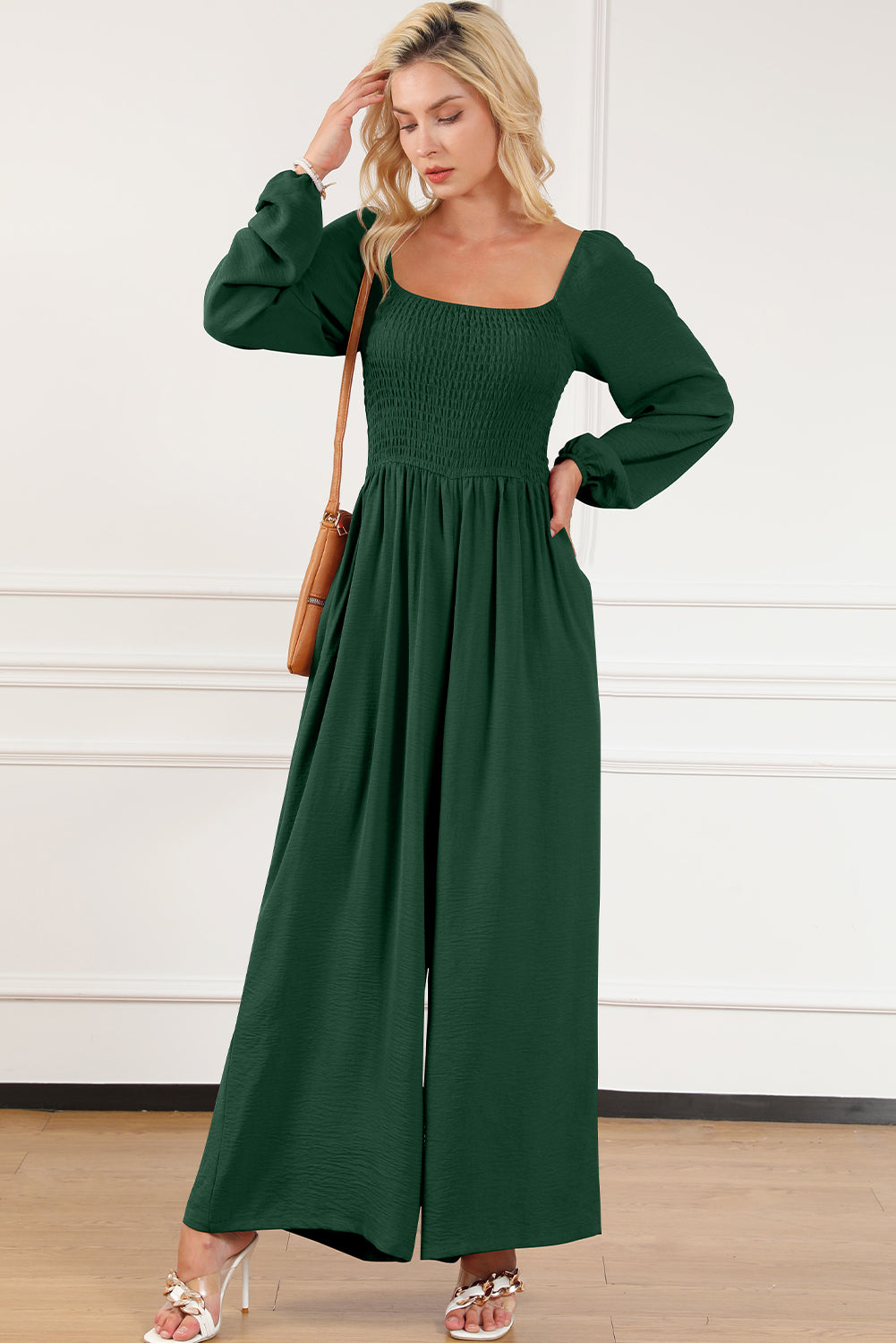 Green Smocked Square Neck Long Sleeve Wide Leg Jumpsuit-Jumpsuits-[Adult]-[Female]-2022 Online Blue Zone Planet