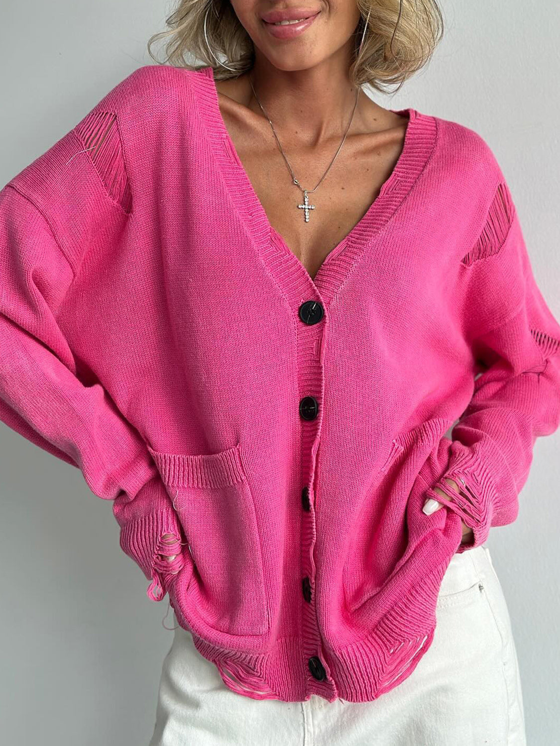 Distressed Button Down Long Sleeve Cardigan-TOPS / DRESSES-[Adult]-[Female]-Hot Pink-S-2022 Online Blue Zone Planet