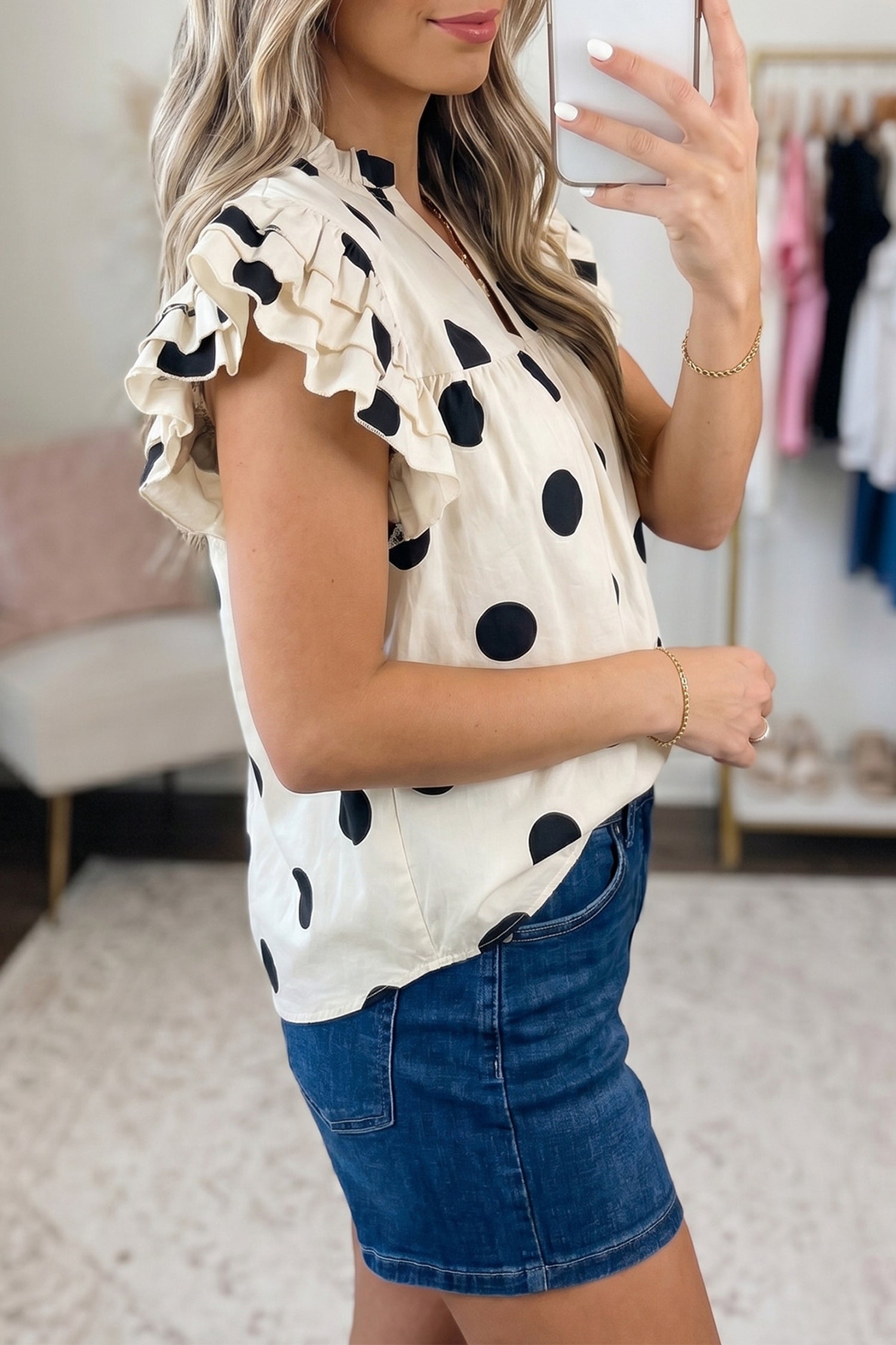 Apricot Casual Polka Dot V-Neck Ruffle Short Sleeve Shift Blouse-Tops/Blouses & Shirts-[Adult]-[Female]-2022 Online Blue Zone Planet