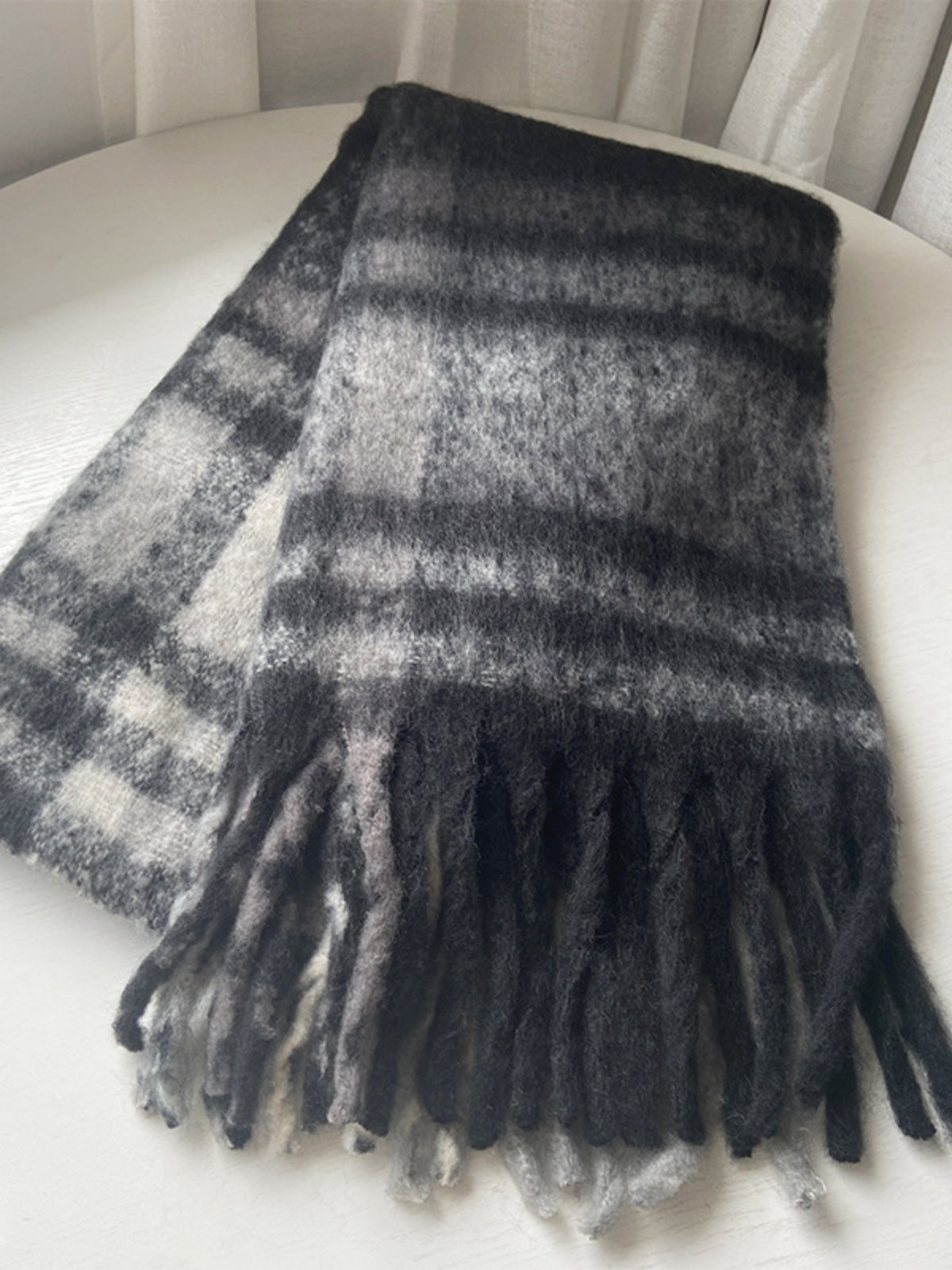 Fringe Plaid Polyester Scarf-SCARVES-[Adult]-[Female]-Black/White/Gray plaid-One Size-2022 Online Blue Zone Planet