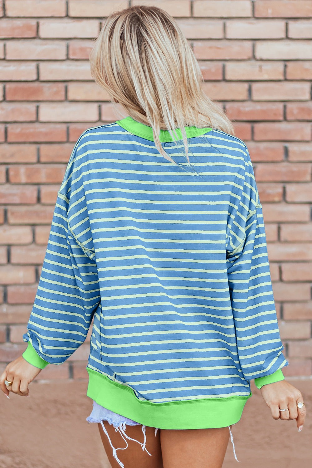 Blue Zone Planet | High-Low Striped Long Sleeve Sweatshirt-TOPS / DRESSES-[Adult]-[Female]-2022 Online Blue Zone Planet