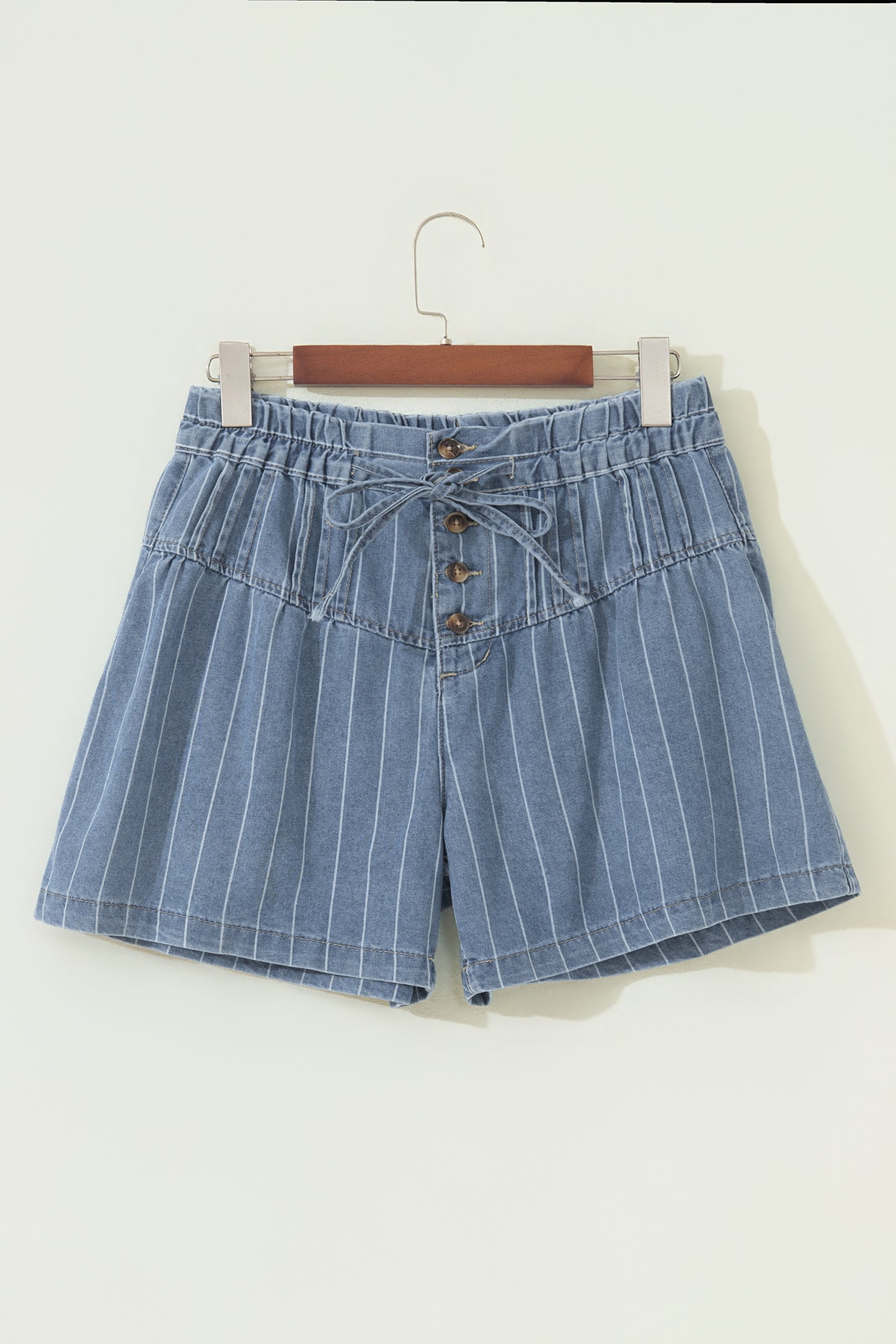 Sky Blue Stripe Drawstring Button Pleated High Waist Denim Shorts-Bottoms/Denim Shorts-[Adult]-[Female]-2022 Online Blue Zone Planet