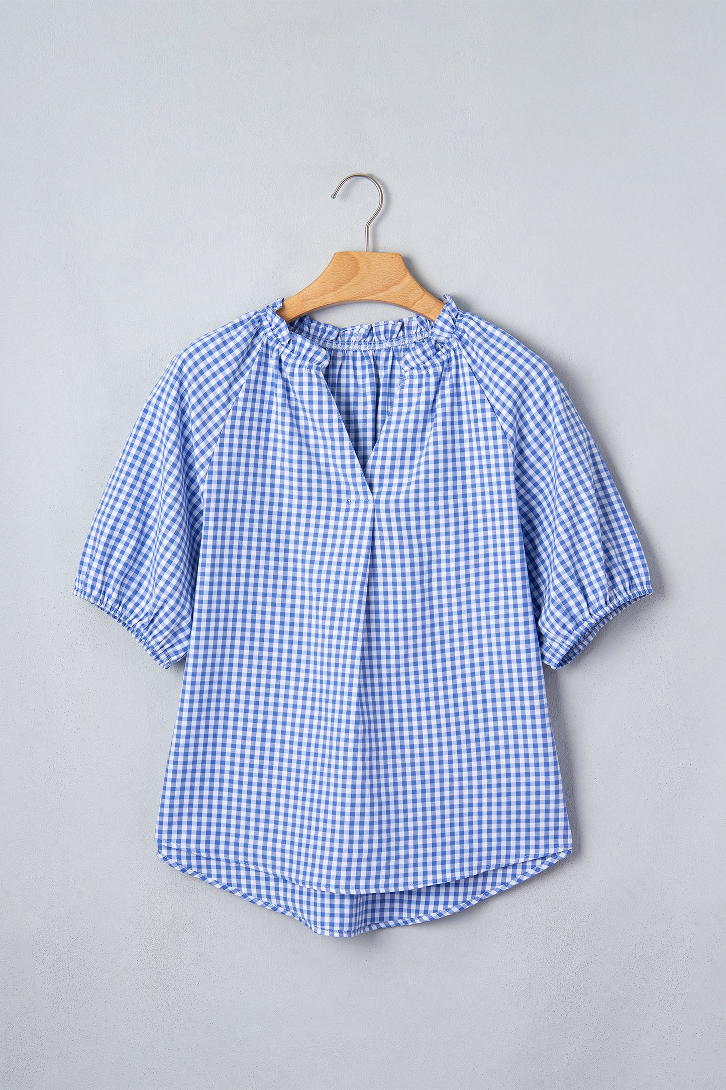 Sky Blue Summer Plaid V Neck Puff Sleeve Blouse-Tops/Blouses & Shirts-[Adult]-[Female]-2022 Online Blue Zone Planet