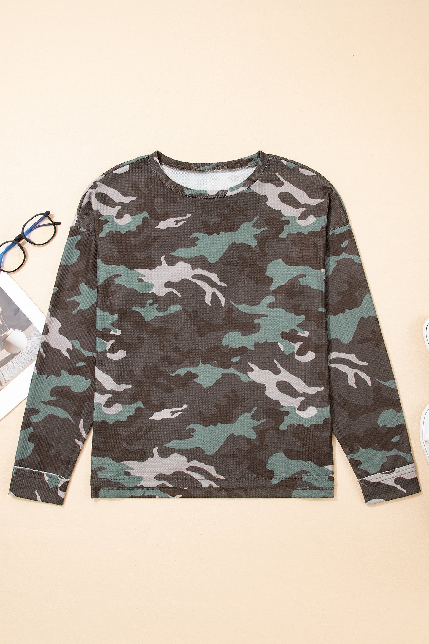 Green Camouflage Print Textured Drop Shoulder Long Sleeve Top-Tops/Long Sleeve Tops-[Adult]-[Female]-2022 Online Blue Zone Planet