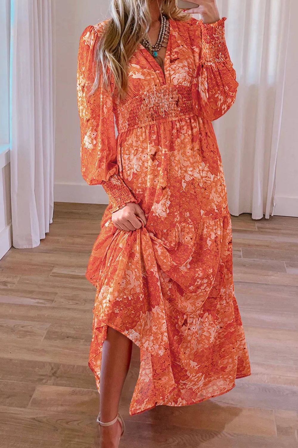 Smocked Printed V-Neck Long Sleeve Dress-TOPS / DRESSES-[Adult]-[Female]-Orange-S-2022 Online Blue Zone Planet