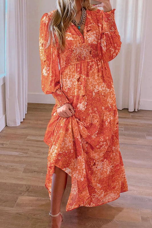 Smocked Printed V-Neck Long Sleeve Dress-TOPS / DRESSES-[Adult]-[Female]-Orange-S-2022 Online Blue Zone Planet