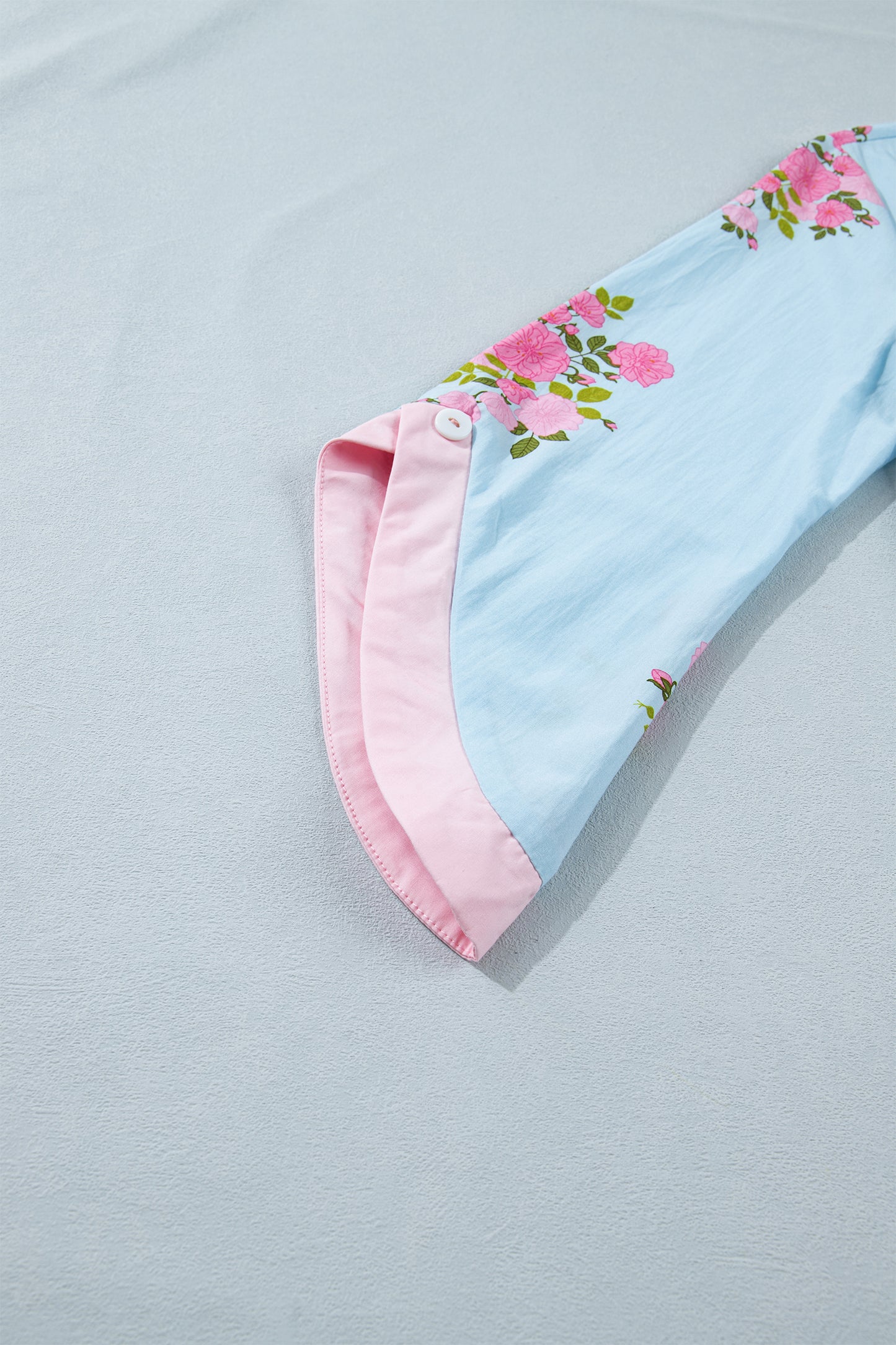 Sky Blue Floral Print Button Cuffed 3/4 Sleeve Round Neck Blouse-Tops/Blouses & Shirts-[Adult]-[Female]-2022 Online Blue Zone Planet