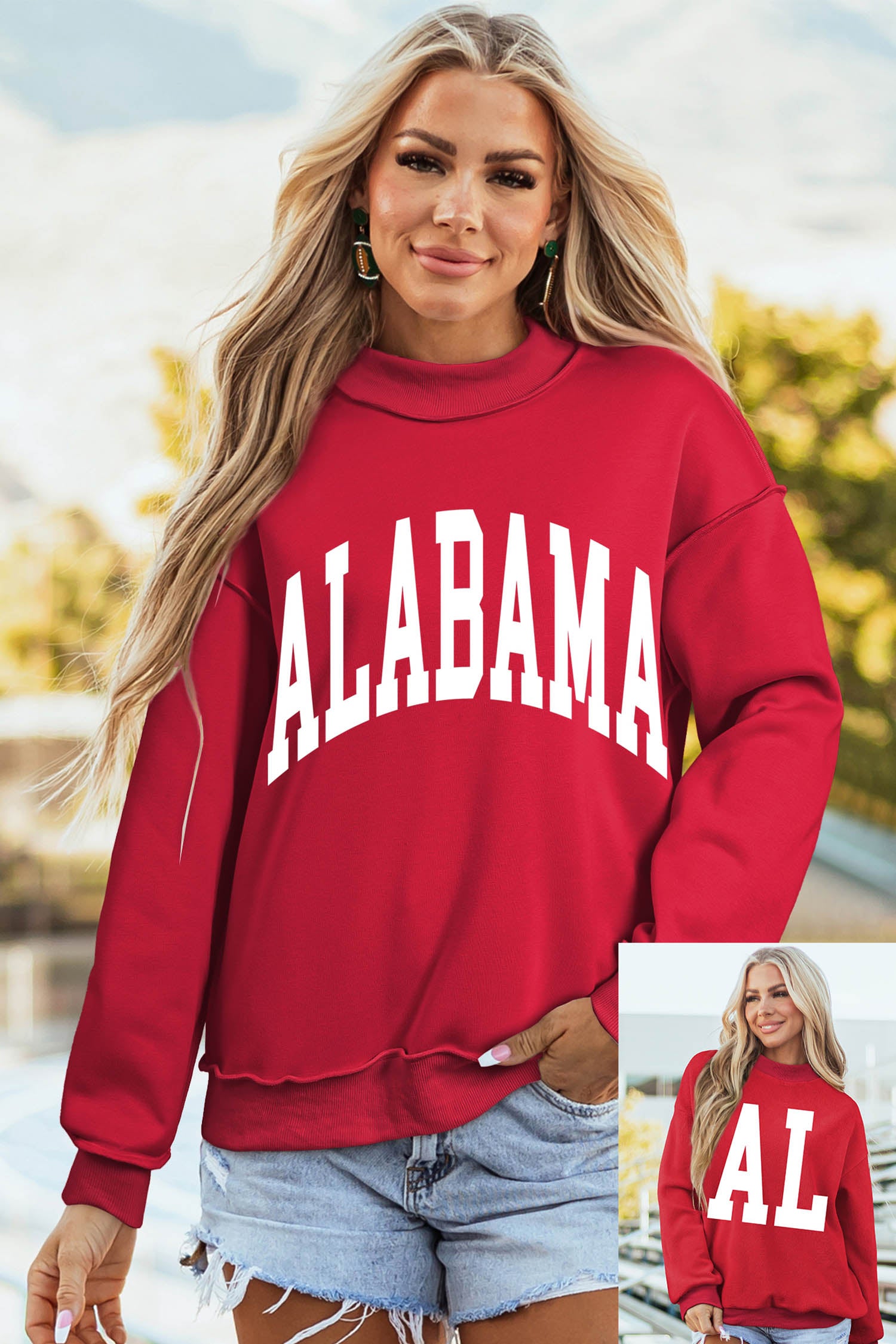 Racing Red ALABAMA/ AL Double Side Printed High Neck Reversible Baggy Sweatshirt-Graphic/Graphic Sweatshirts-[Adult]-[Female]-2022 Online Blue Zone Planet