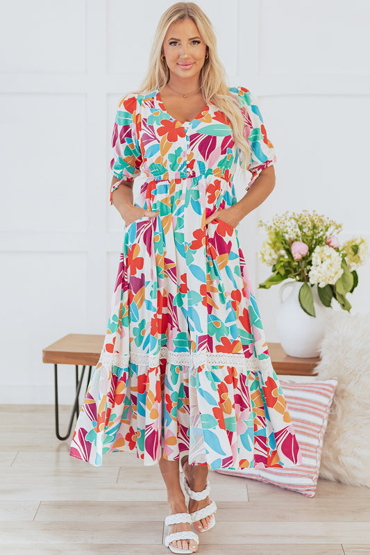 Rose Red Floral Knot Puff Sleeve V Neck Buttoned Front Split Lace Maxi Dress-TOPS / DRESSES-[Adult]-[Female]-Rose Red-S-2022 Online Blue Zone Planet